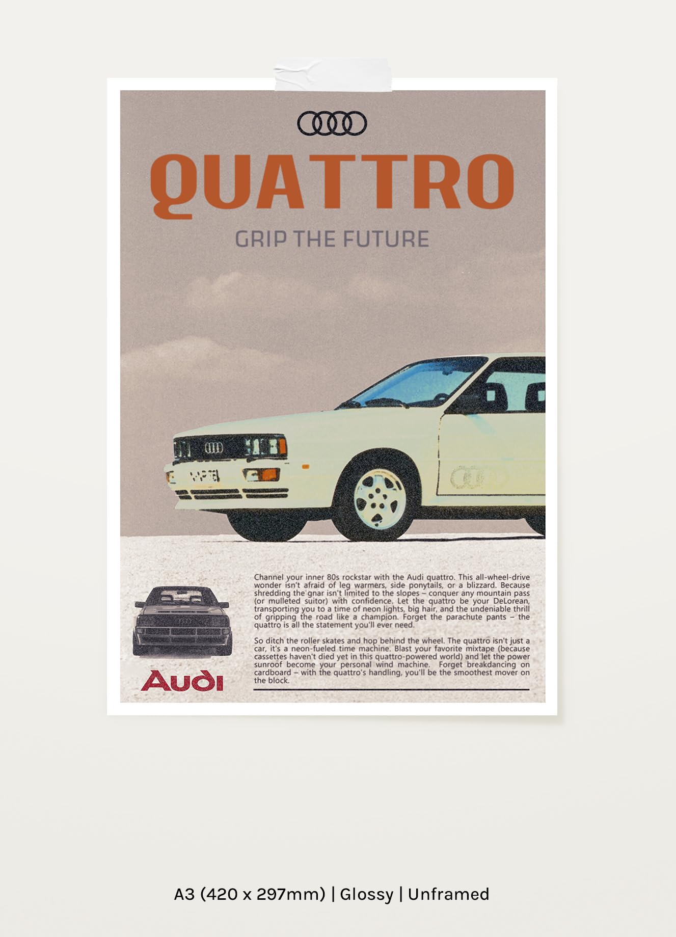 PodiumPe Audi Quattro Retro Aesthetic Poster | Vintage Sports Car Poster for Walls | A3 | 300GSM | Unframed 3