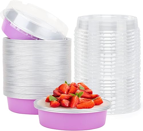 Vista 200 de Beasea Latas desechables para tartas de 4 pulgadas, paquete de 50 mini sartenes con tapas, molde de aluminio dorado de 8 onzas, moldes para tartas