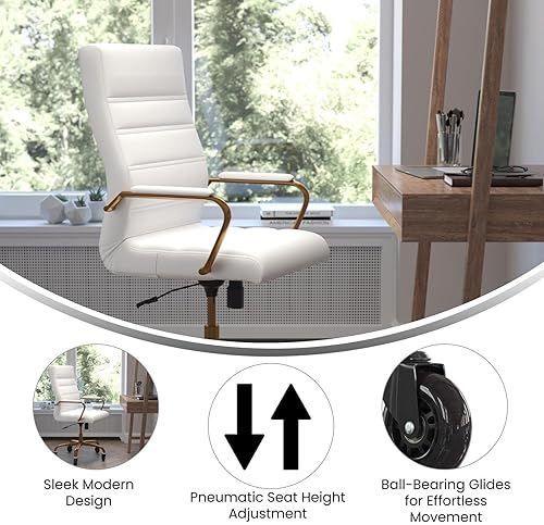 Miniatura 8 de Flash Furniture Whitney - Silla de oficina giratoria ejecutiva de LeatherSoft con respaldo alto y marco dorado, brazos y ruedas de ruedas