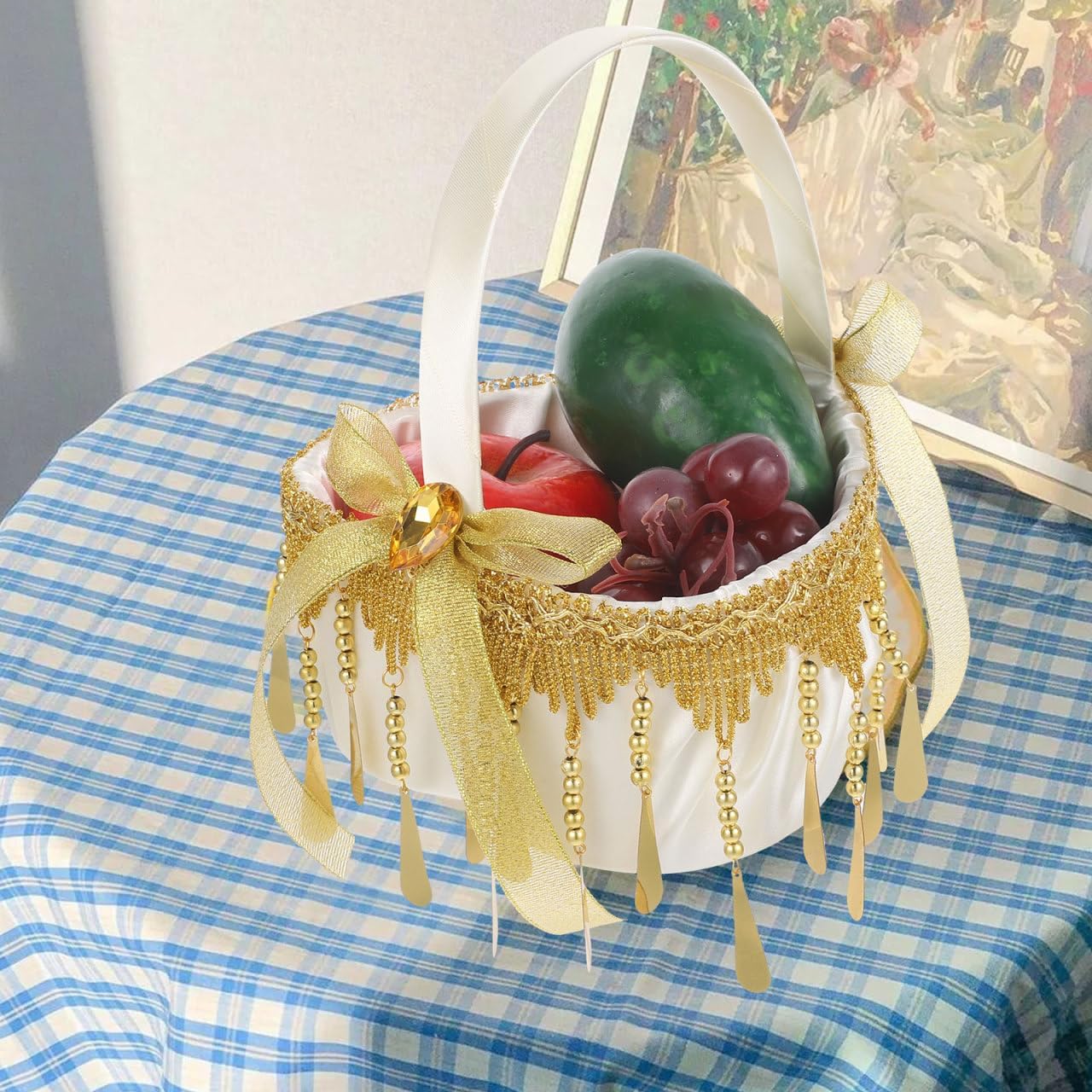 Cabilock Rustic Flower Girl Baskets for Wedding Lace Flower Basket Heart Design Gold Bowknot for Wedding Party Supplies