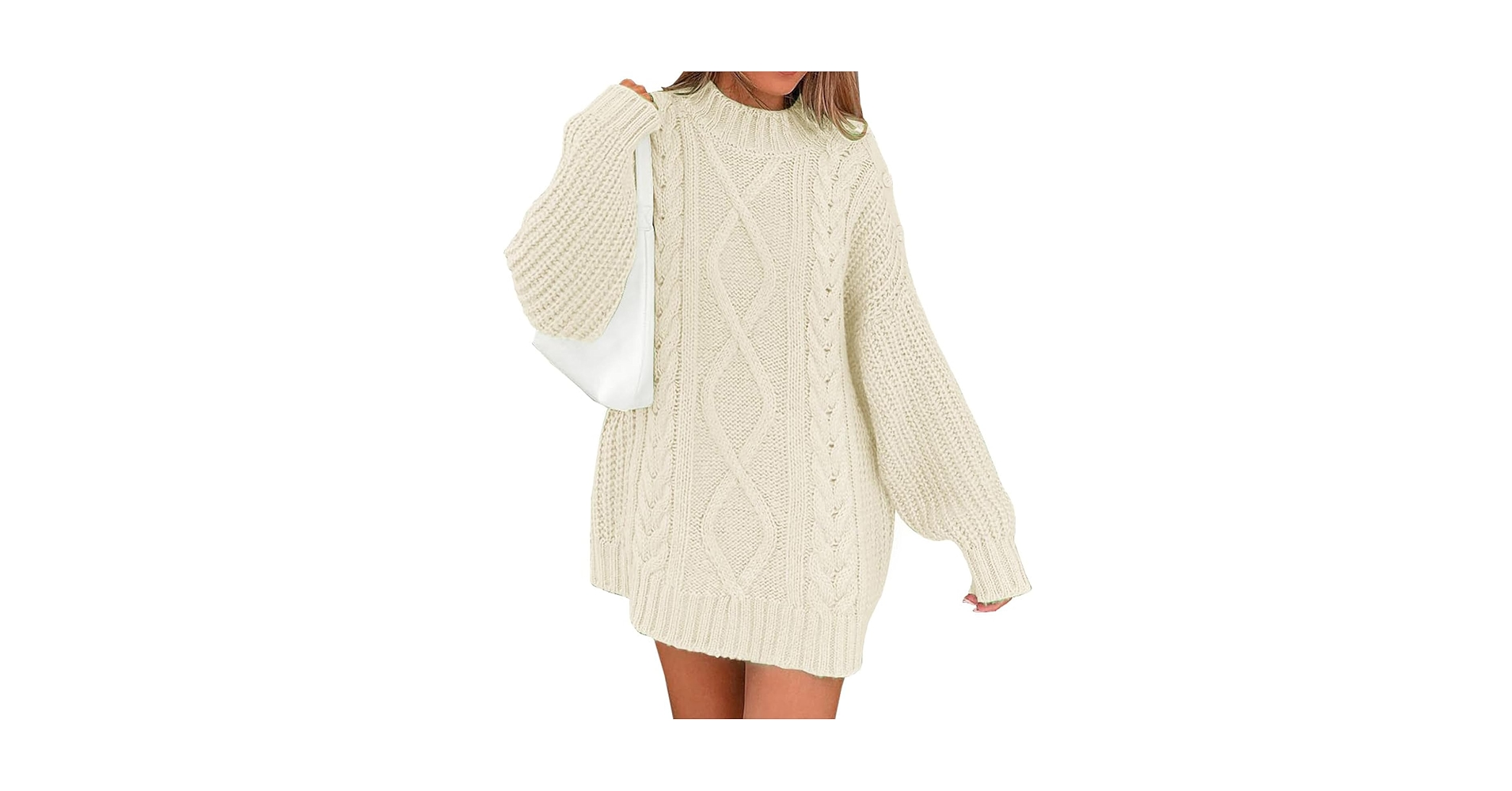 Aiwpstoin Women's Oversized Chunky Cable Knit Short Sweater Dress Long  Sleeve Crewneck Sweater Loose Knitted Dress (Khaki