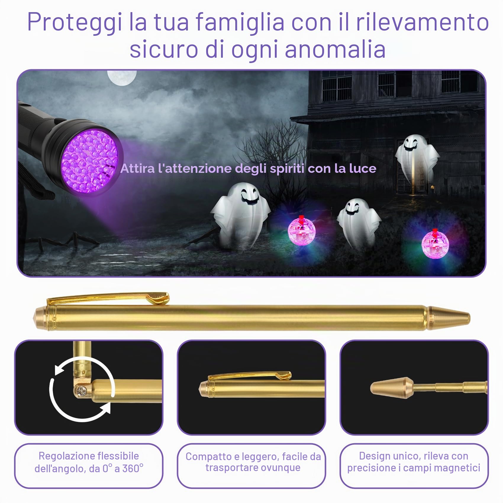 Kit da caccia fantasma da 11 pezzi con 1 misuratore EMF, 1 registratore EVP, 1 Spirit Box, 1 altoparlante, 1 termometro a infrarossi, 1 luce UV, 2 aste di rilevamento in ottone, 2 palline LED per