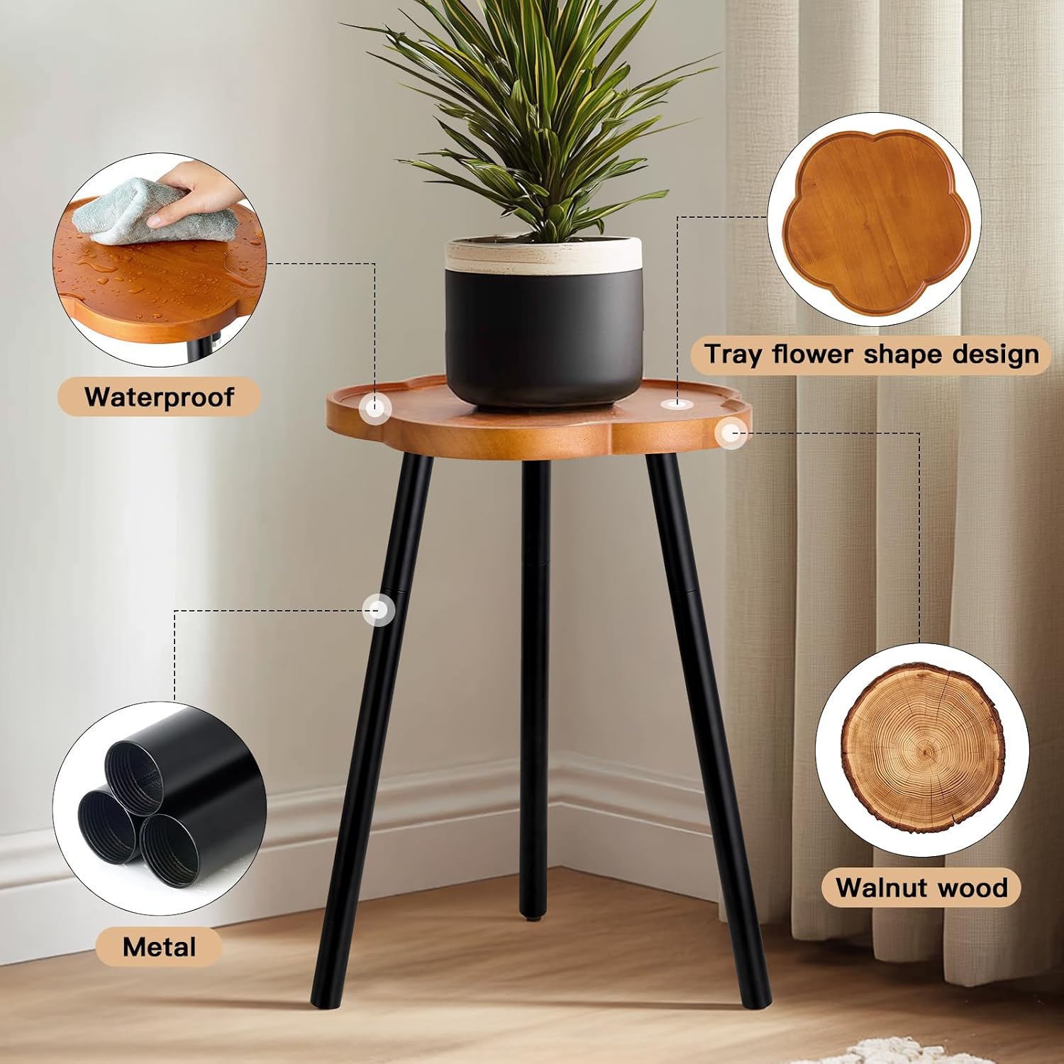 KINNARY Plant Stand Indoor, Wood Plant Table Plant Holder with Raised Design,Heavy Duty Metal Flower Pot Stand, Mid Century Modern Home Decor Small Side End Table（Clr.2-Flower 20" H）