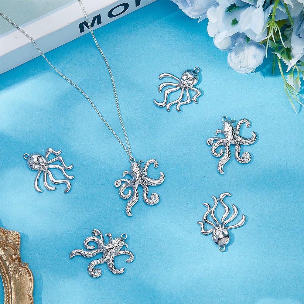 Beebeecraft 6Pcs 2 Styles Silver Octopus Charms Bulk 304 Stainless Steel Metal Dangle Summer Marine Life Sea Animal Ocean Themed Charms for Jewelry Making DIY Earrings Bracelet Necklace Accessories