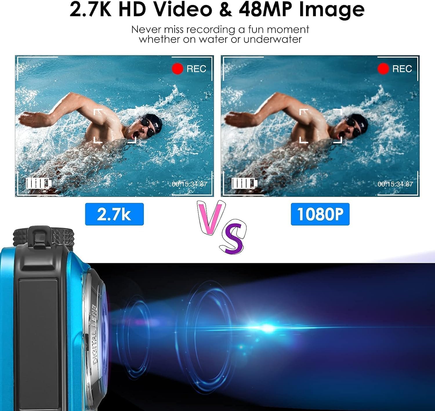 Fotocamera impermeabile digitale Full HD 2,7 K 24 MP Macchina Fotografica Subcquea 16X Zoom digitale fotocamera impermeabile con doppio schermo, per adolescenti studenti principianti