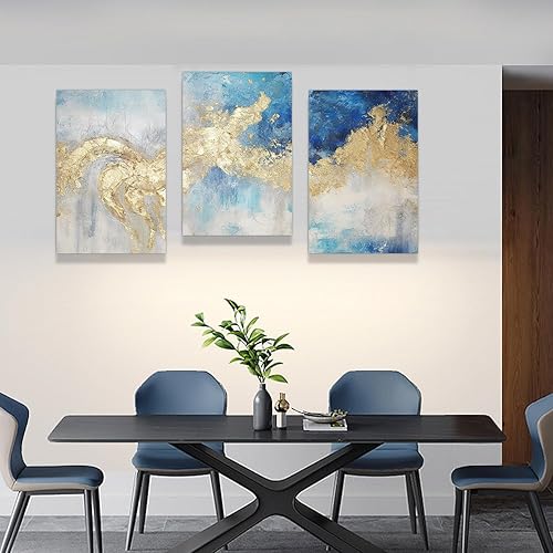 Miniatura 6 de MOSTUNNA Lienzo abstracto de 3 piezas de arte abstracto con textura de mármol azul y dorado, póster de lámina dorada, pintura nórdica moderna de