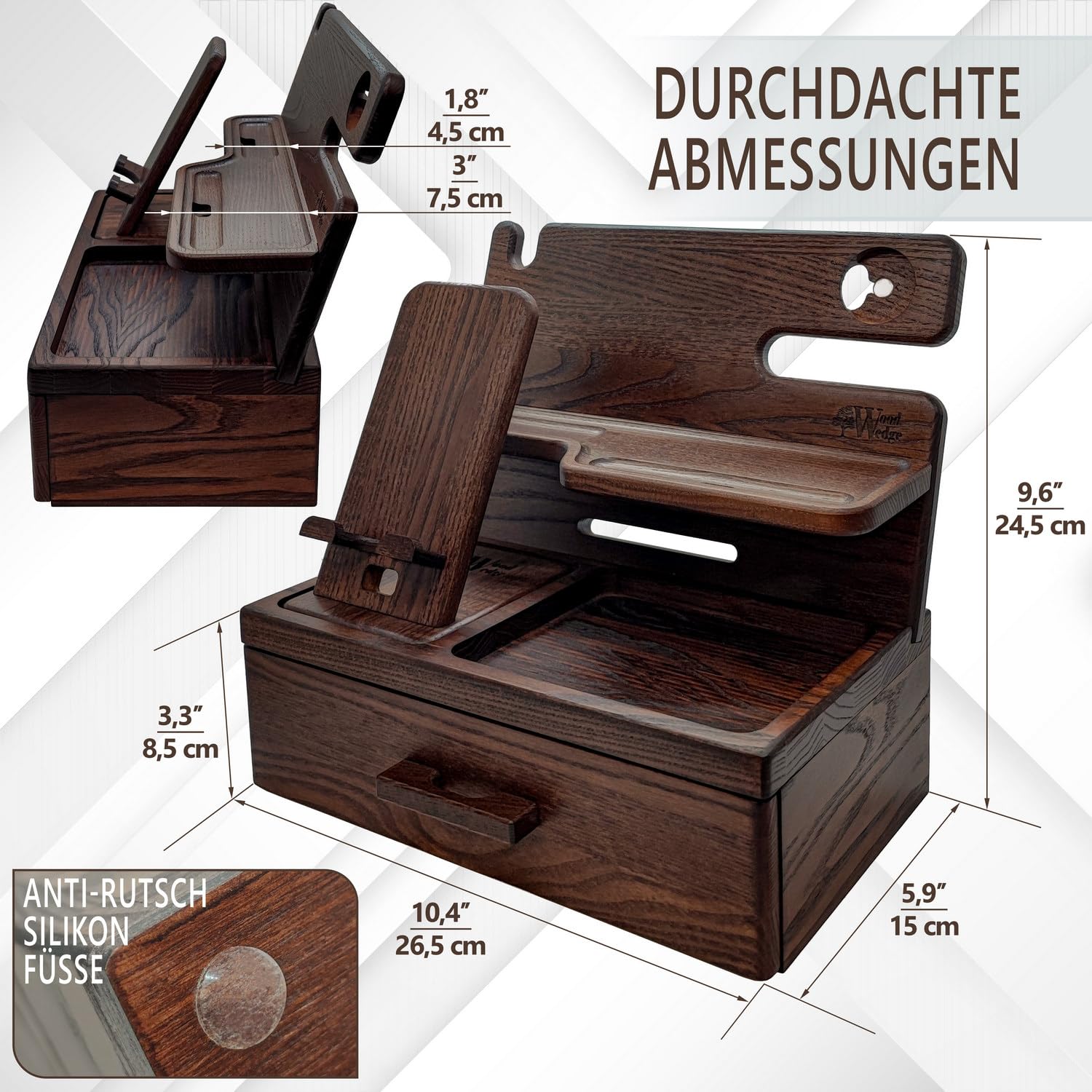 Wood Wedge Handgefertigte Holz Dockingstation – Nachttisch & Schreibtisch Organizer mit Handyhalter & Schublade – Geschenk für Männer & Frauen