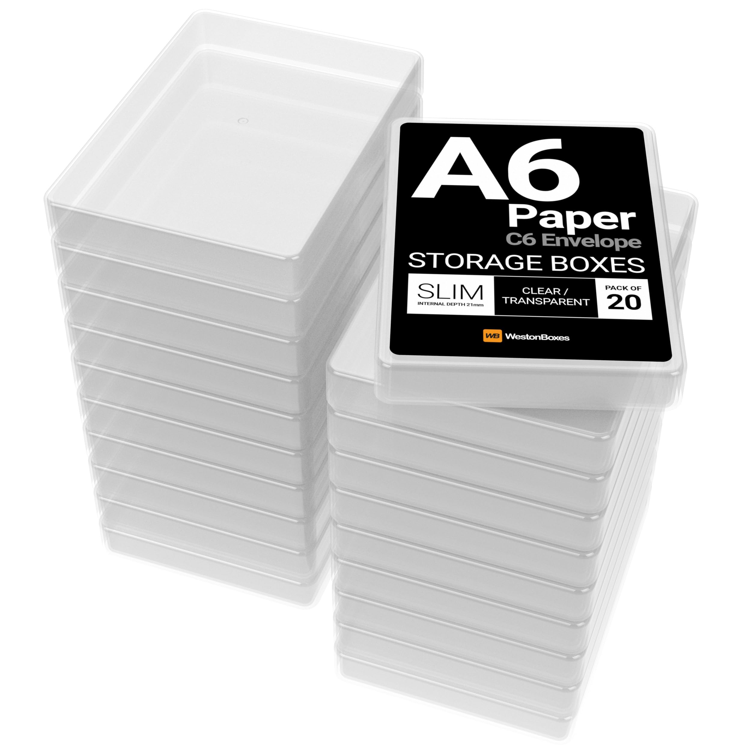 WestonBoxes A6 Slim Plastic Presentation or Storage Boxes for A6 Paper, Photos and Card (Transparent, 20)