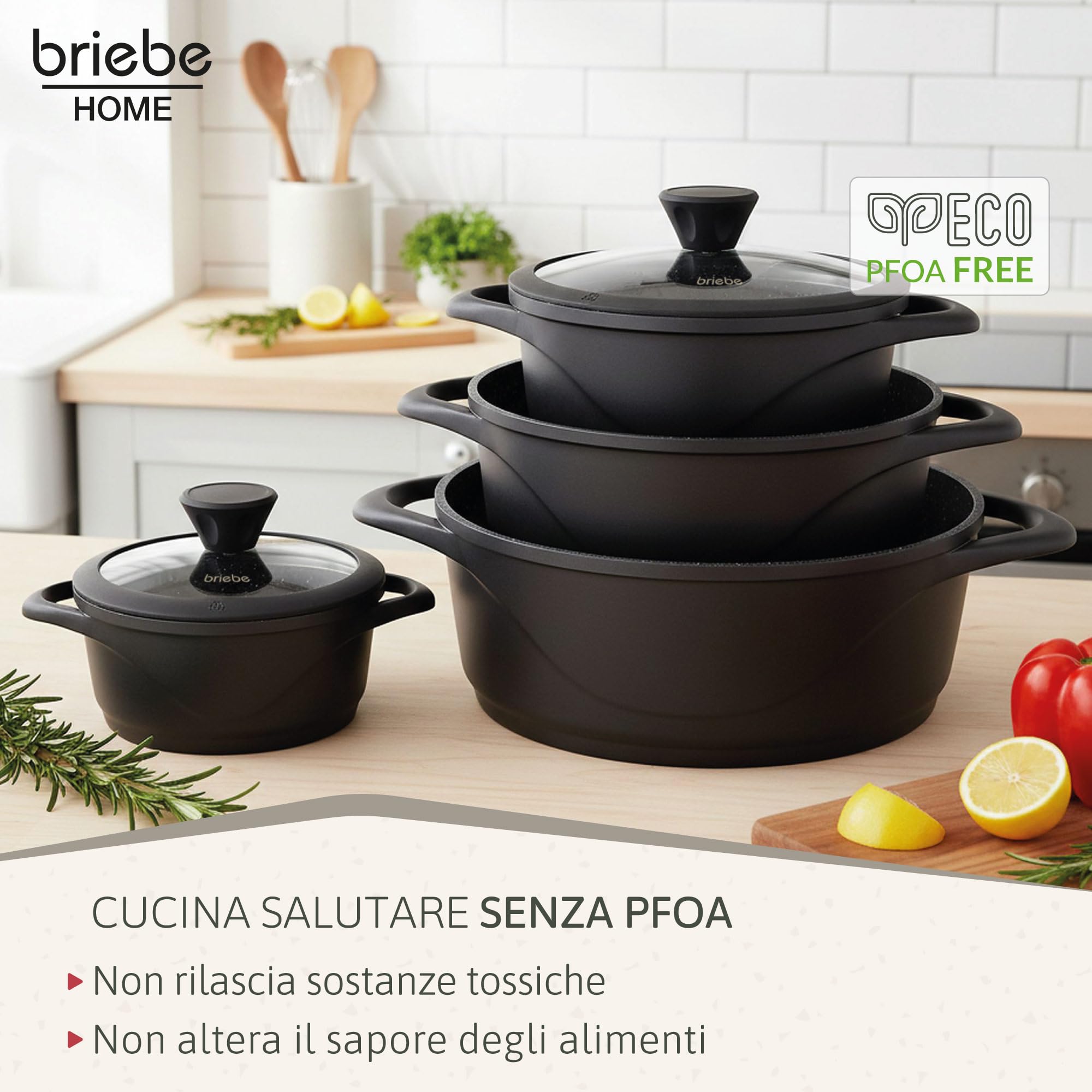 briebe Set Pentole Induzione Batteria 8 Pezzi, 4 Casseruola, Alluminio Pressofuso, Antiaderente ILAG GRANITEC senza PFOA, Coperchi in Vetro, Guanti in Silicone, Vetroceramica, Gas, Forno, MGK-12S