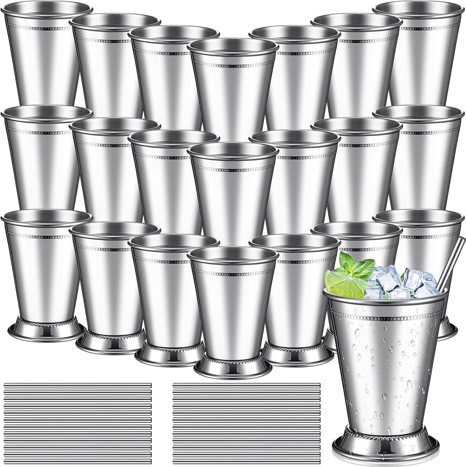 24 Pack Mint Julep Cups with Straws 12 oz Stainless Steel Drinking Metal Cocktail Glasses Beaded Mint Julep Cup for Horse Racing Derby Party Supplies (Silver)