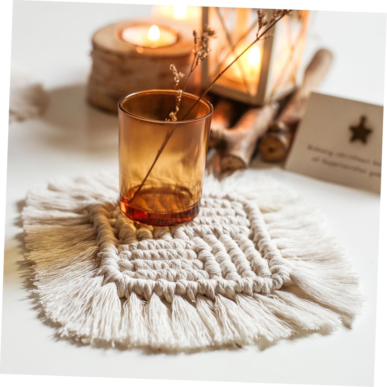 SHOWERORO Fashion Weaved Tableware Mat Tassel Design Heat Insulation Placemat for Home Restaurant White Rope Pad for Plates Bowls Elegant Table Decor