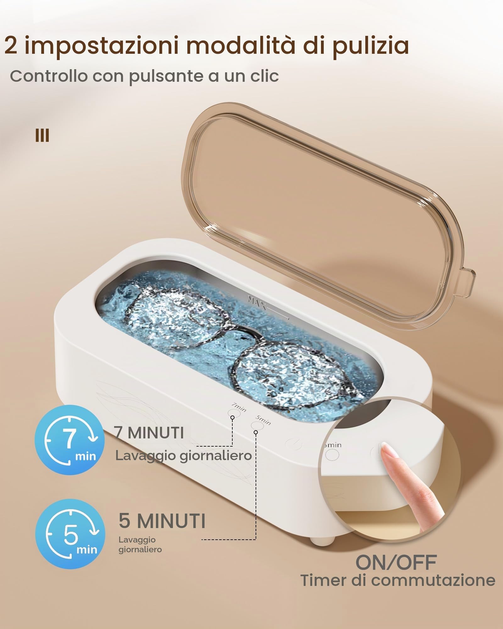Pulitore Ultrasuoni,Professionale 48KHz Ultrasonica Lavatrice per Gioielli,Occhiali,Protesi Dentarie,Cinturini di Orologi,Retainer,Anelli - 2 Modalità di Pulizia,Serbatoio in Acciaio Inox 304 da 350ML