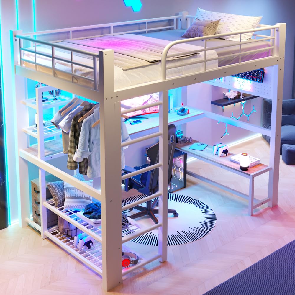 Sapgaks - Cama entrepiso de 1 plaza de 140 x 200 cm, litera infantil con barrera con banda luminosa LED, cama entrepiso escalera, escritorio de madera, tendedero para ropa (140 x 200)