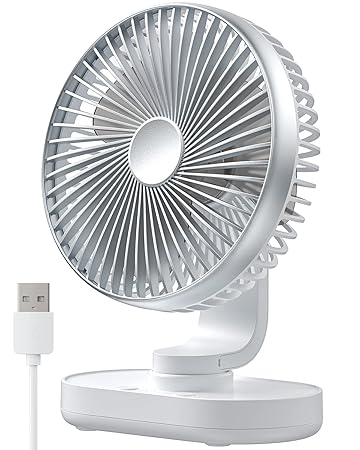 Gaiatop USB Small Table Fan, 4 Speed Portable Mini Powerful Swing Fan, 90 degree Left and Right Up and Down Adjustable, Ultra Quiet Rechargeable with 4000mAh Battery, Cooling Fan for Home Office (Silver)
