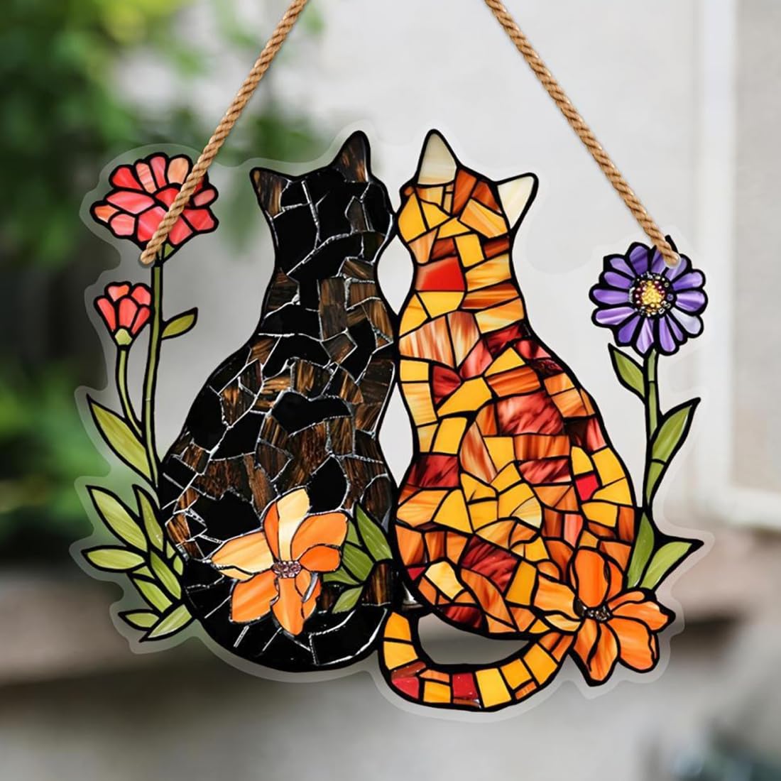 Decorazione acchiappasole a forma di gatto in un vaso di fiori, pannello in vetro dipinto, da appendere alla finestra, decorazione per finestre, per amanti dei gatti (bianco