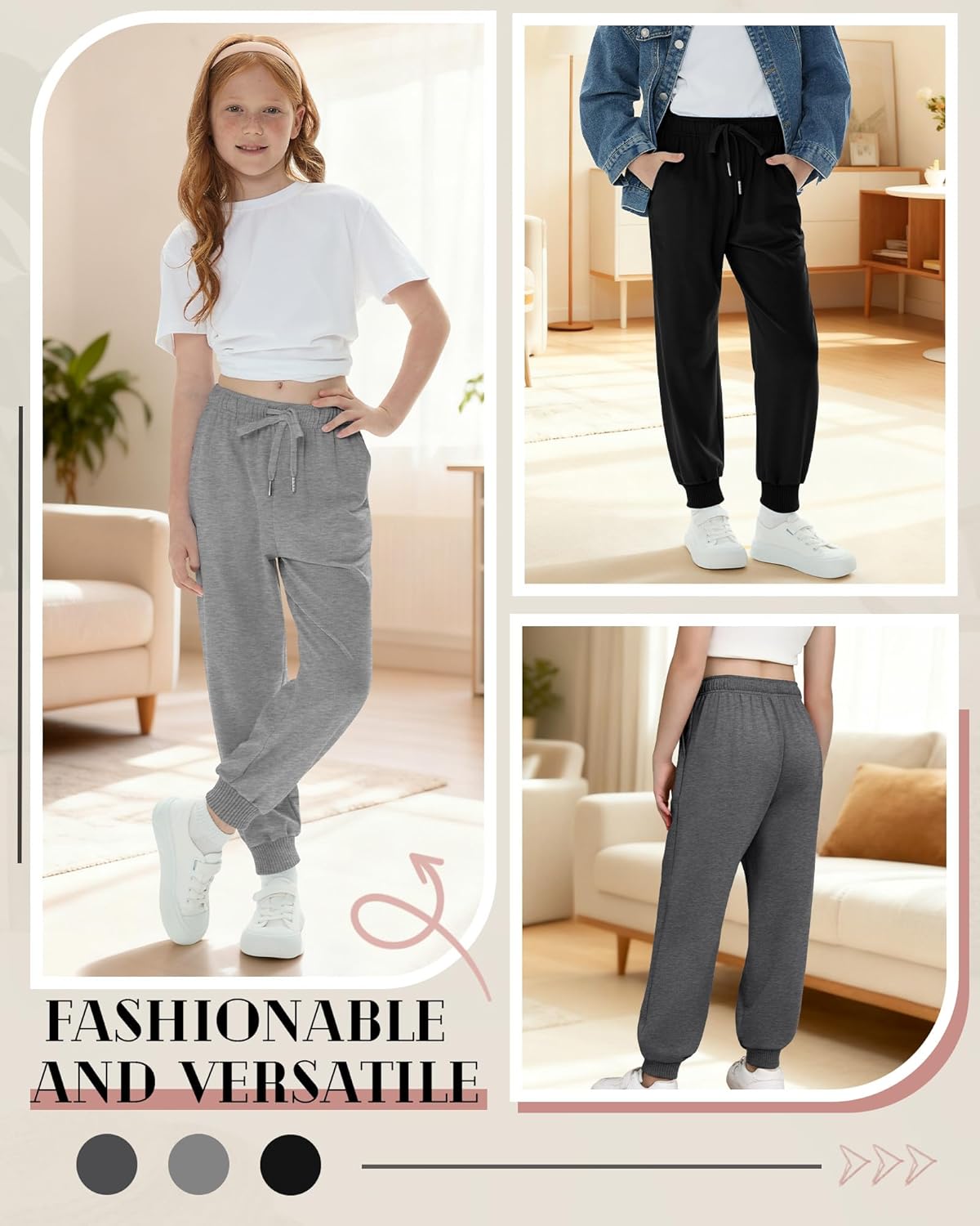 3 Pack Girls Sweatpants Joggers Baggy Lightweight Athletic Running Drawstring Pants for Teen with Pocket Size 5-16