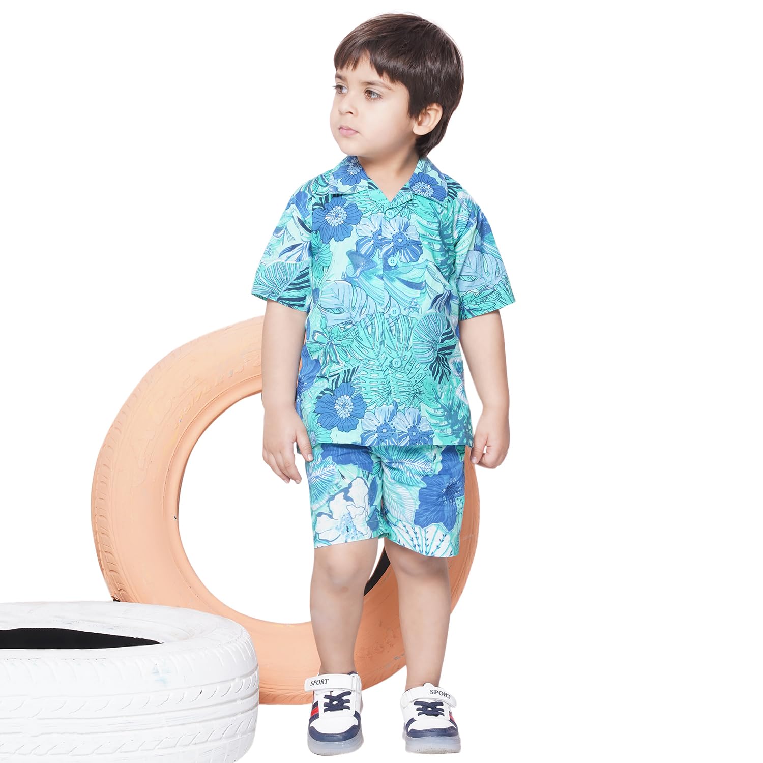 AJ DEZINES Kids Cotton Shirt Shorts Half Sleeves Tropical Print CO-ORDS Set for Boys