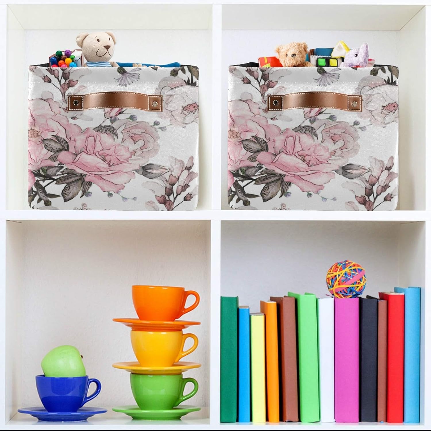 susiyo 2 Pack Large Storage Baskets for Organizing, Floral Rose Fabric Storage Bins Closet Organizers, Collapsible Decorative Baskets with PU Handles for Shelves Home Closet Bedroom Living Room