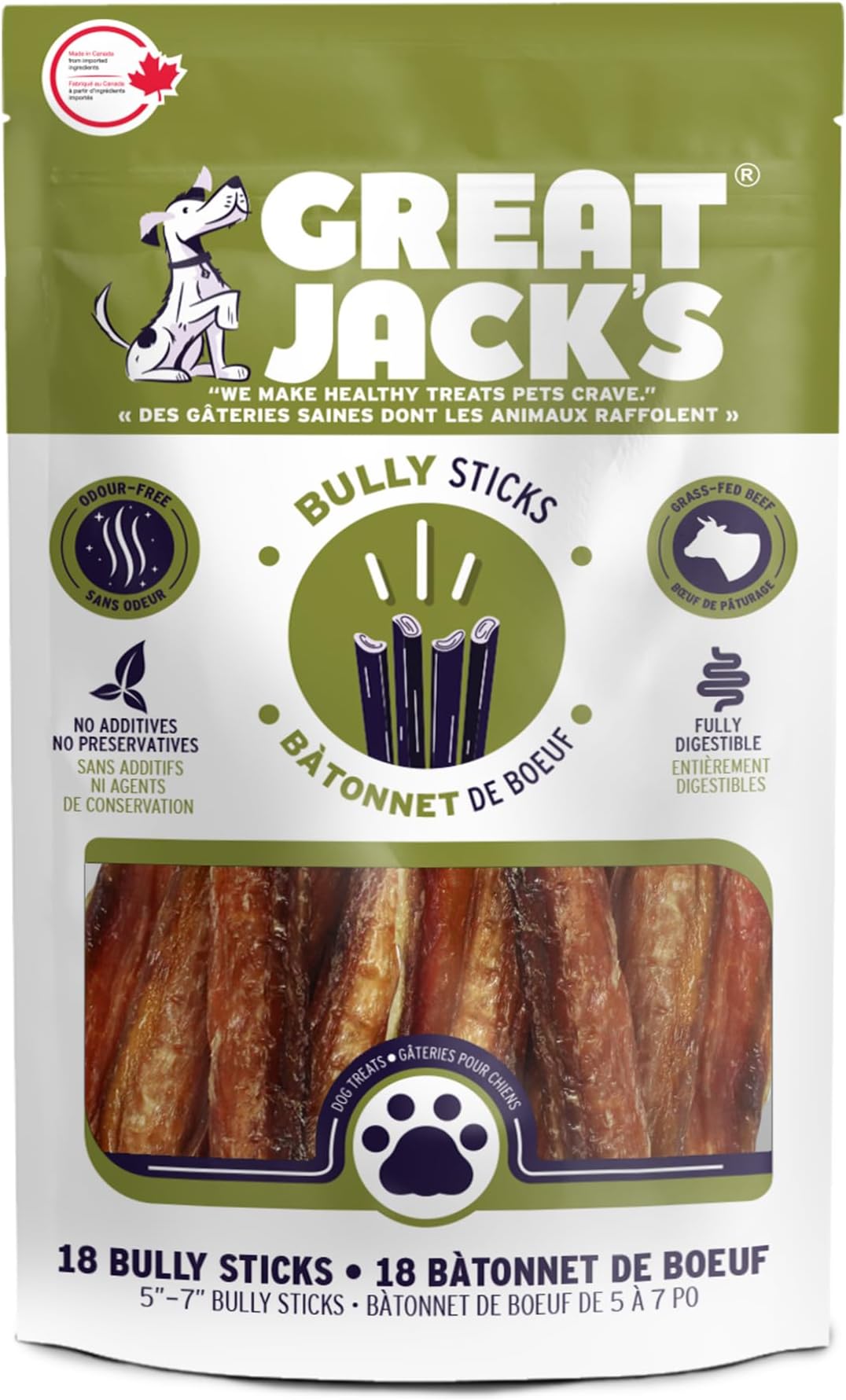 Great Jacks Bully Sticks, Fully Digestible. Made in Canada with 1