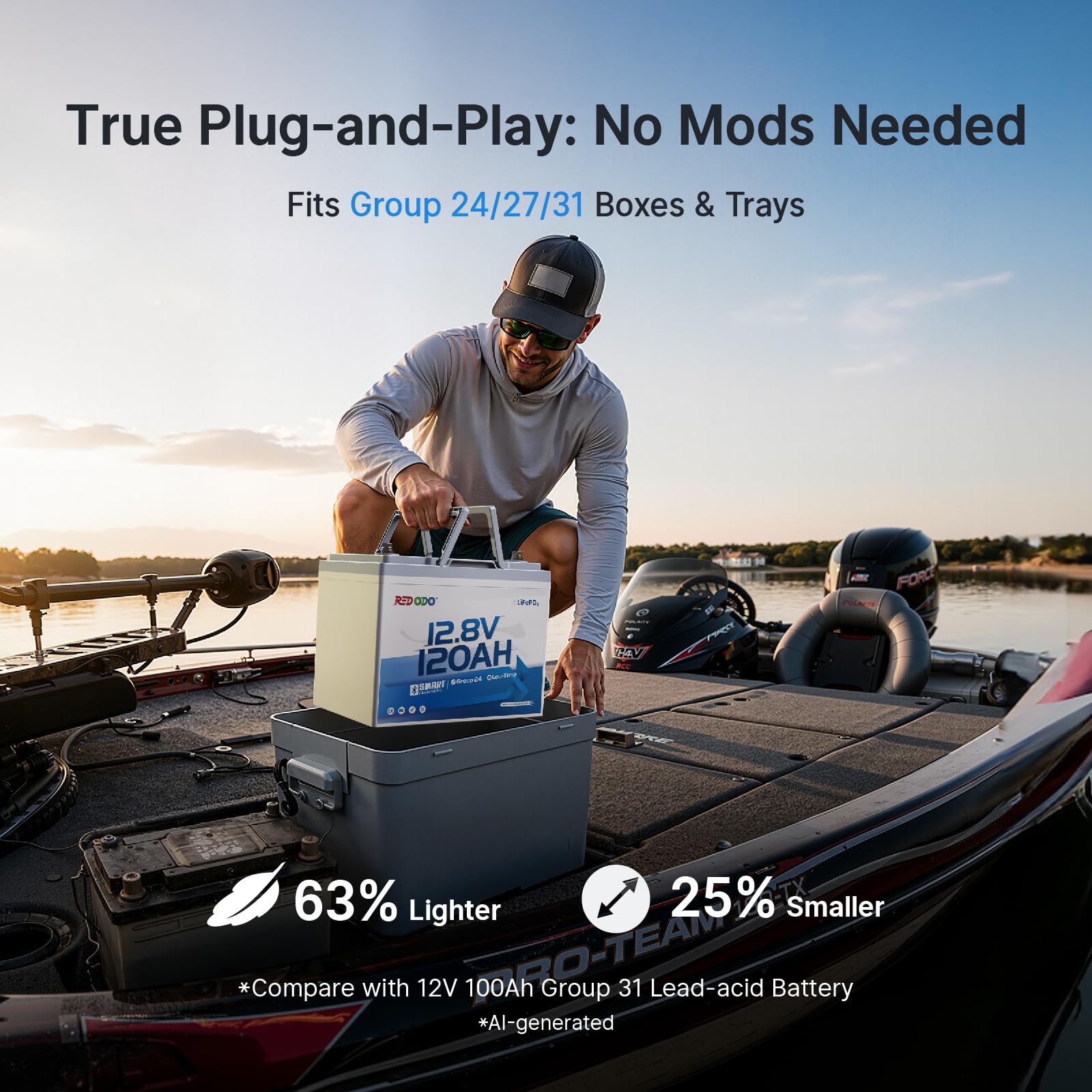Redodo 12V 100Ah Group24 Batteria Litio con Bluetooth, Basse Temperature | Batteria LiFePO4 con BMS 120A, 1536W, IP65 Impermeabile, 4000 Cicli, 10 Anni di Vita per Trolling Motor(20~70lb)