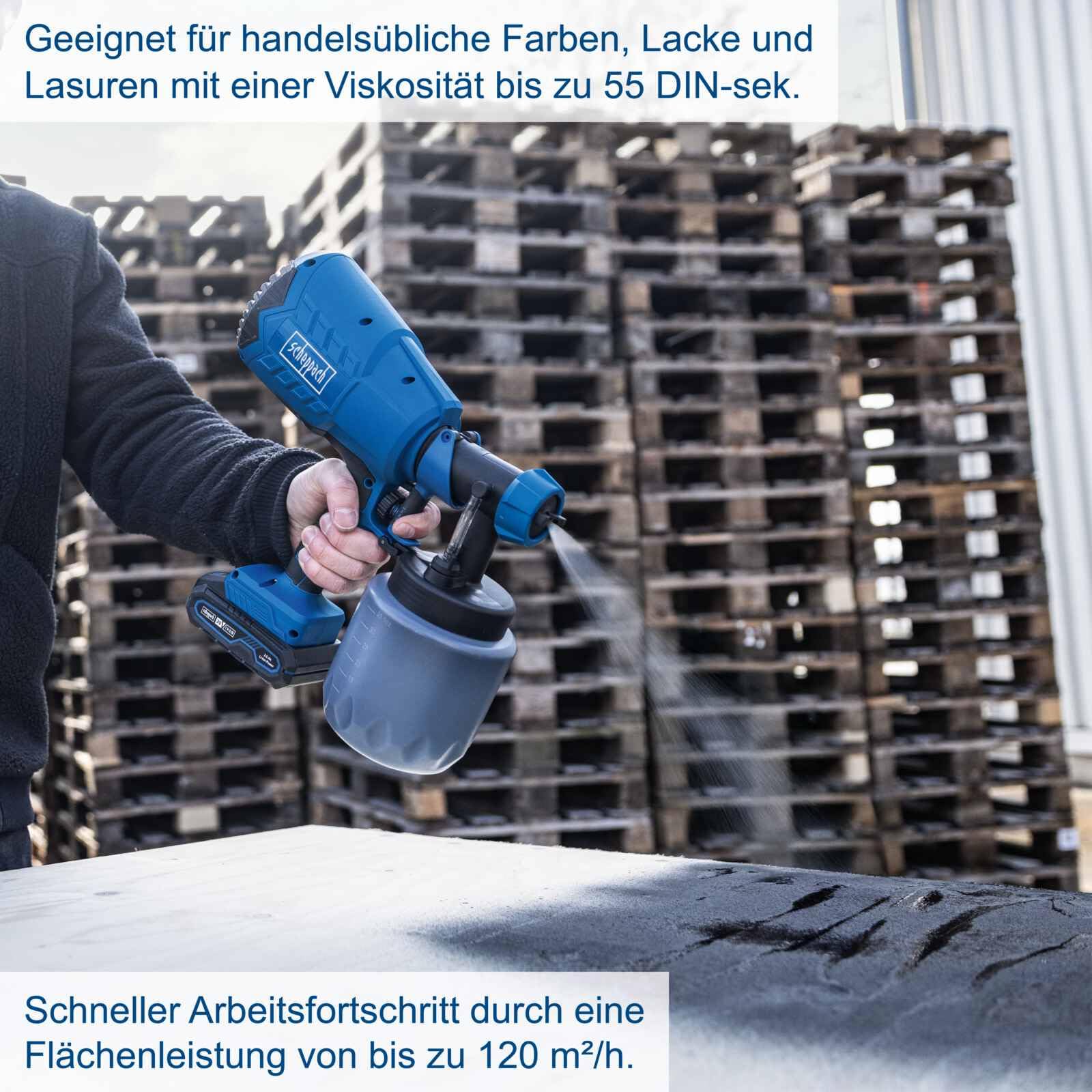 Scheppach Akku Farbsprühsystem C-APS700-X Lackierpistole 1L Farbbehälter | 120 m²/h Flächenleistung | 700 ml/min Durchflussmenge | 20V-IXES-Serie | 10 Jahre Garantie | mit 2Ah Akku & Ladegerät