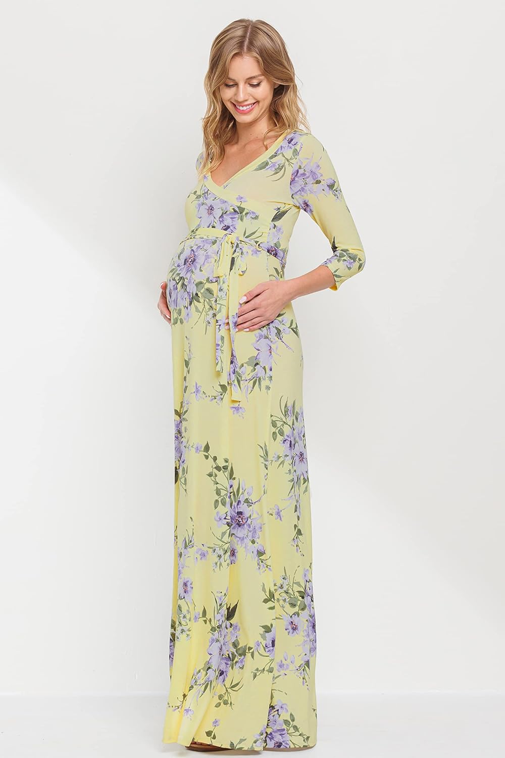 Women's Maternity Dress Maxi Long Length with Belt for Baby Shower, Small, Yellow/Purple Flower