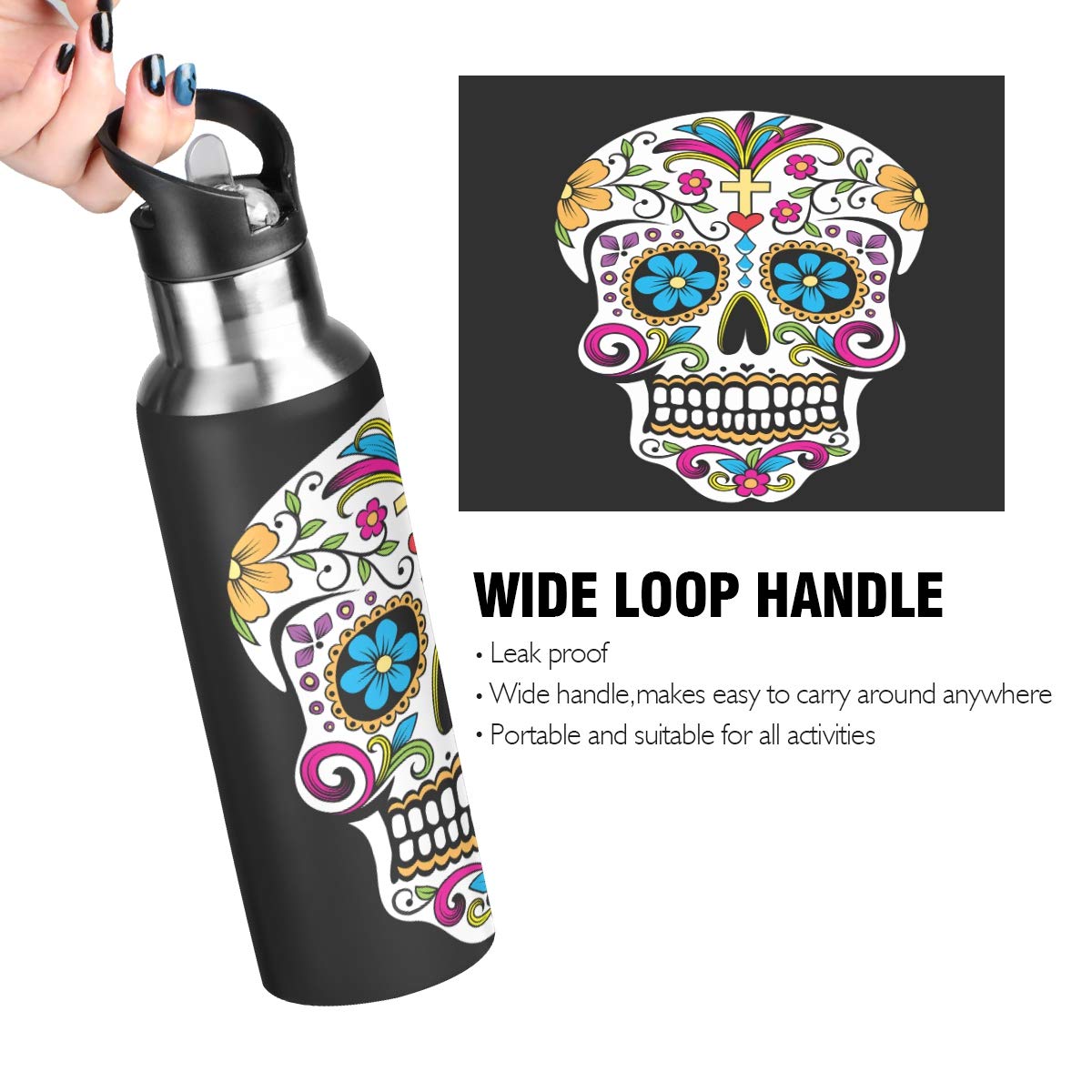 Sugar Skull Edelstahl-Trinkflasche 625 Ml – Isoliert, Auslaufsicher, Mit Strohhalm, Für Sport & Outdoor