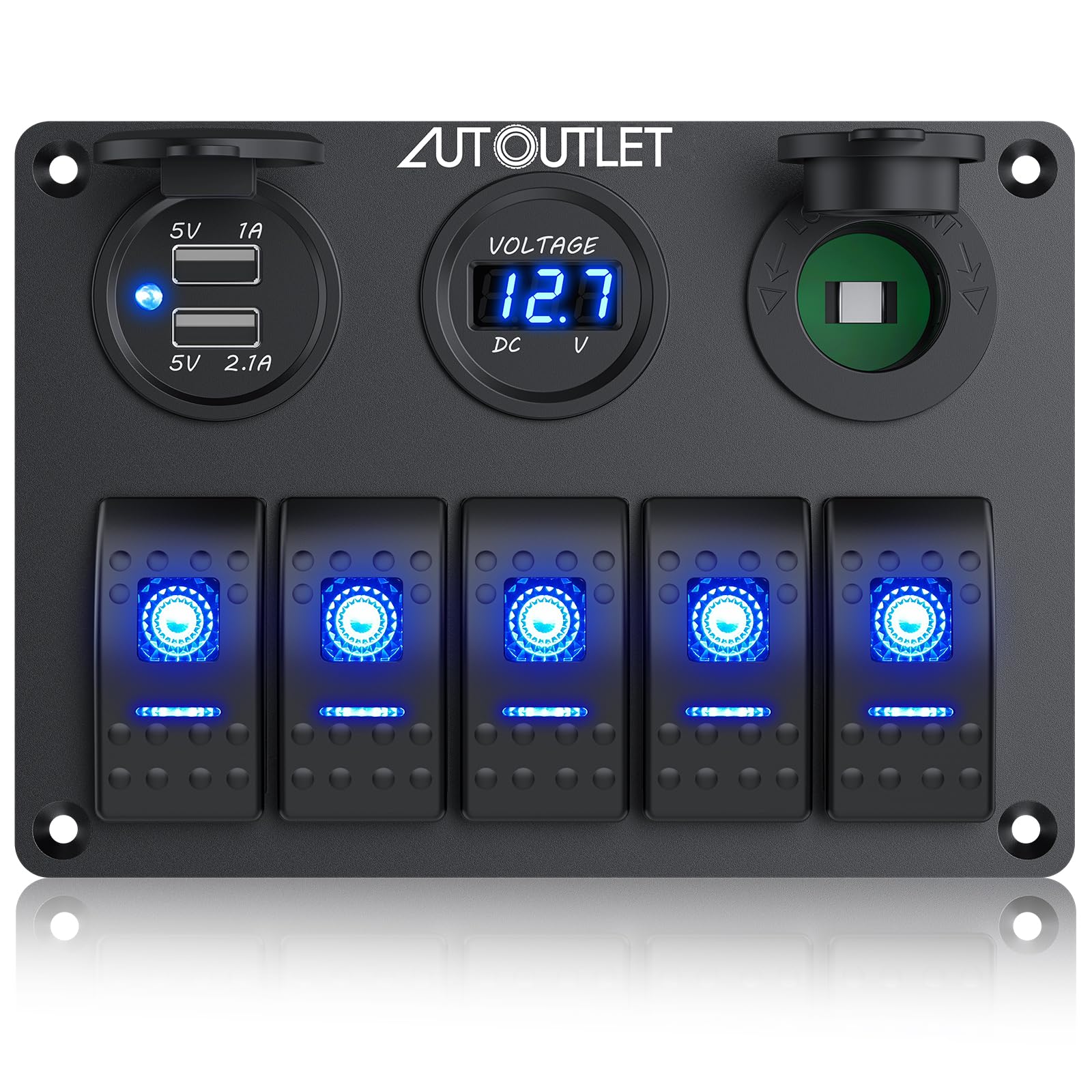 AUTOUTLET Panel przełączników 5-biegunowy, 12 V/24 V, przełącznik dźwigienkowy, IP66, wodoszczelna, podwójna ładowarka USB, woltomierz LED, zapalniczka z naklejką świetlną, do samochodów, łodzi, łodzi