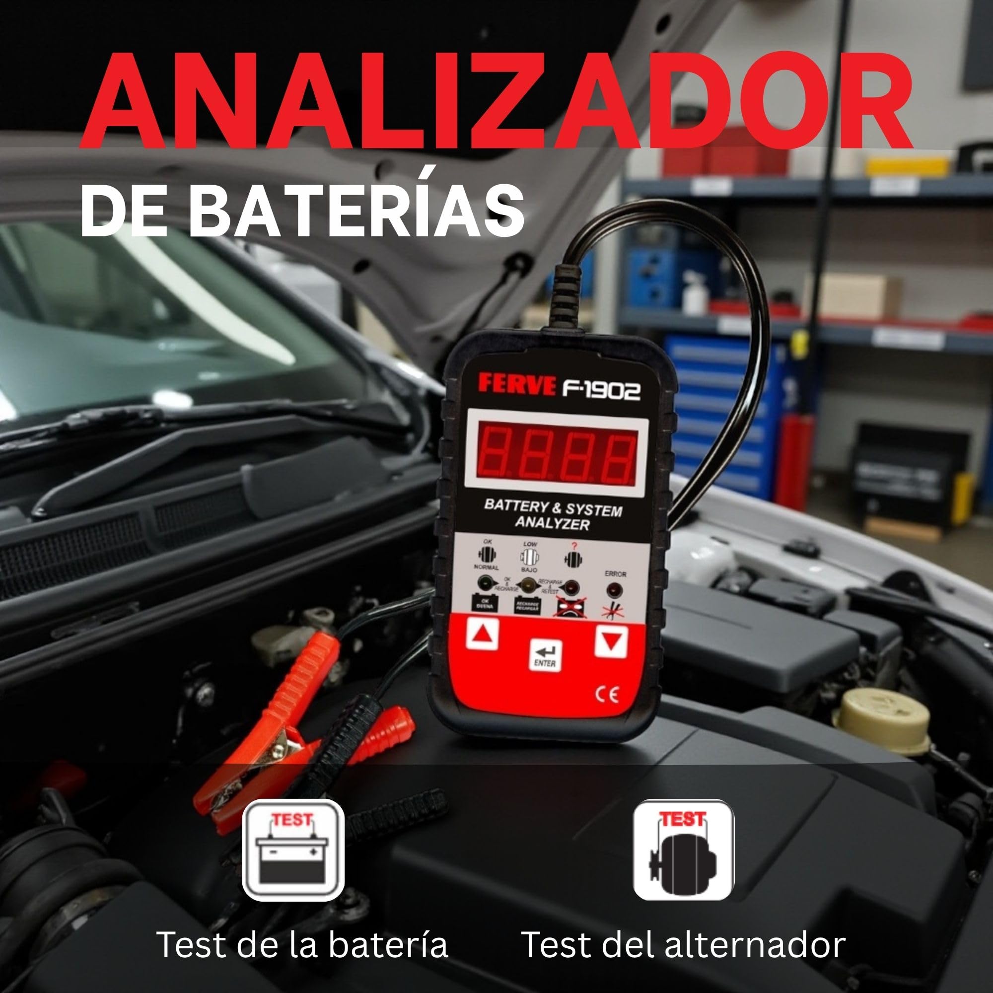Ferve F-1902 Analizador de Baterías, Alternadores y Motores de Arranque de 12V