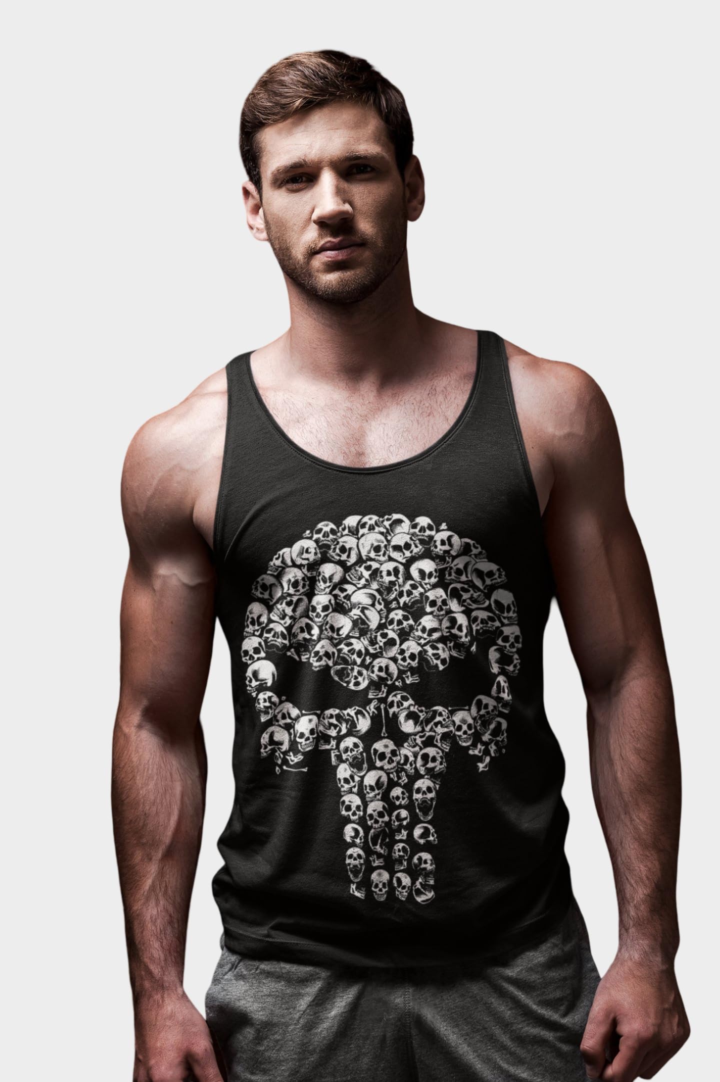 Cotton Graphic Tank Top, Black Skull Print, Casual Round Neck, Regular Fit, All Season Wear, City Theme, Adult Size-image-17