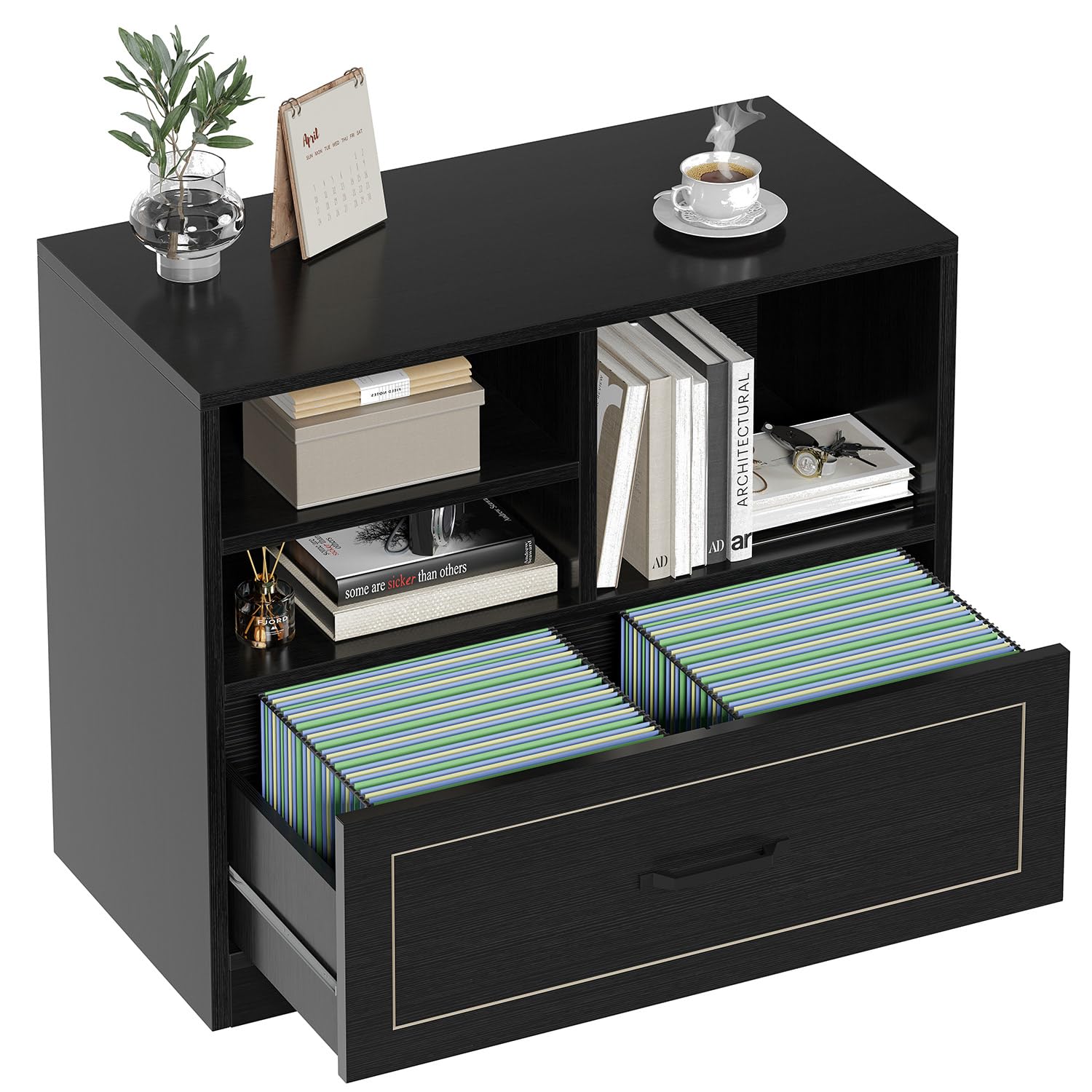 LVB Cassettiera in legno nero, 83 cm, con ripiano per stampante, per studio | Robusto telaio in legno con ripiano per stampante, molto spazio per lettere e documenti in formato A4