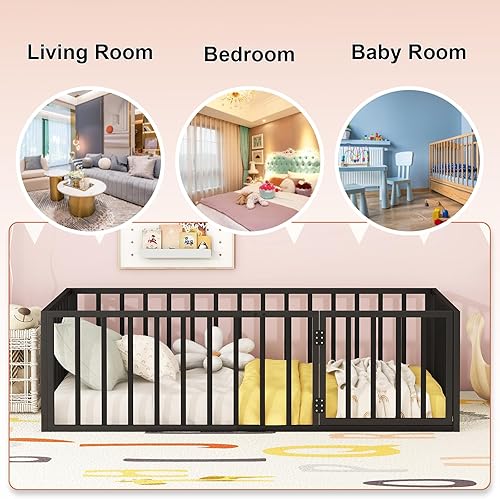 Miniatura 7 de Montessori - Cama de suelo individual, marco de cama con valla de metal para niños con puerta, tamaño individual, listones de plataforma con rieles