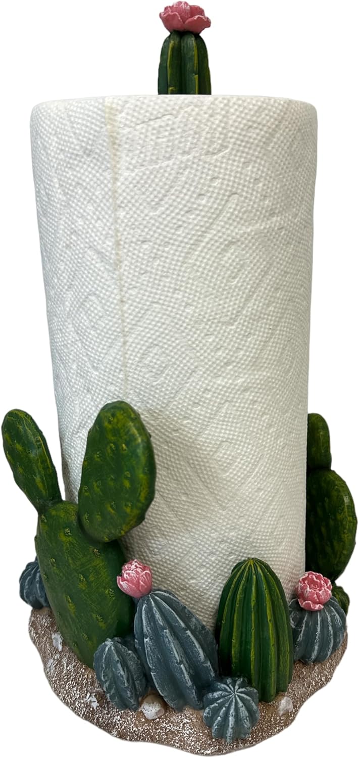 De Leon Collections 14155 Flowering Cactus Green and Pink 13.5 Inch Polyresin Nature Southwest Home Décor Decorative for Kitchen or Dining Room Paper Towel Holder