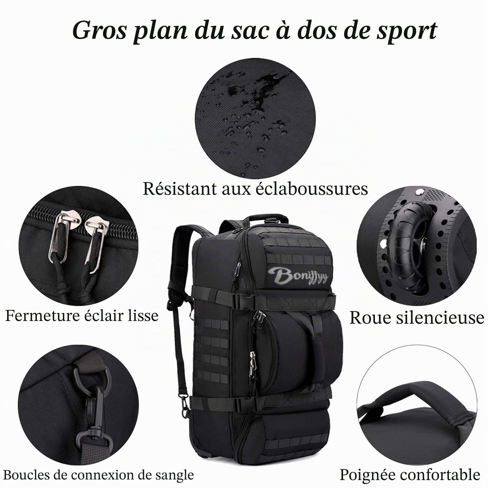 70L Sac de Voyage Roulette Tissu Valise Souple Grand Sac de Sport Homme Femme Impermeable Sacs a Dos Travel Bag Pliable Trekking Cabine Fitness Sport Duffle Bag (Noir)