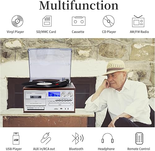 Miniatura 2 de Tocadiscos con Bluetooth de 3 velocidades Altavoces estéreo integrados, casete de CD, reproducción USB SD, radio AM FM con control remoto para