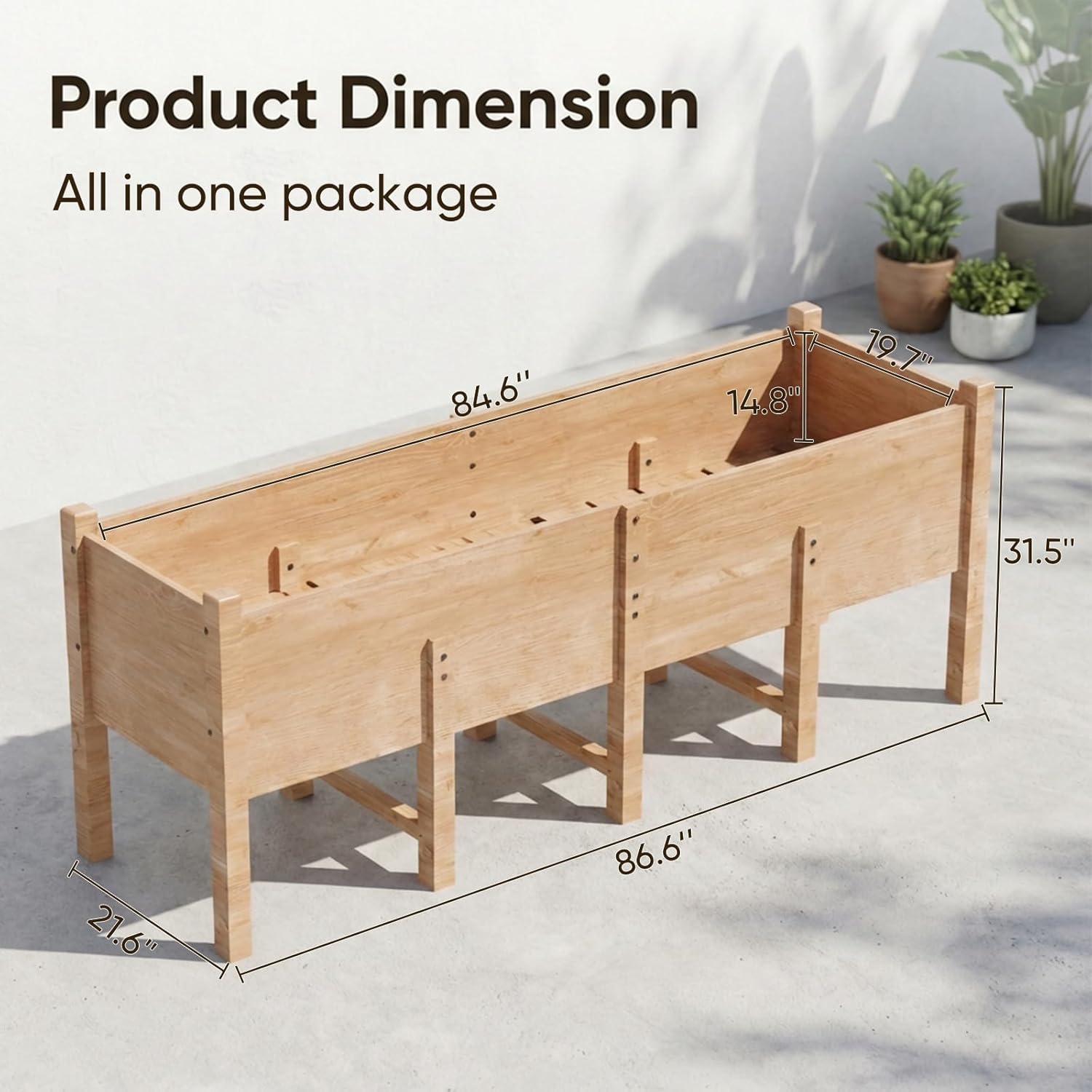 Raised Garden Bed, 86x21.6x31.5 Inch Large Planter Box with 15.8 Inch Depth, Wooden Flower & Vegetable Pot with Legs & Drainage Holes for Deep Roots, Easy Assembly for Patio, Balcony, Backyard
