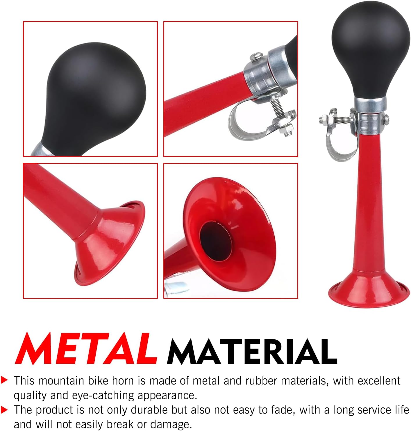 Bicycle Air Horn, Rubber Hand Squeeze Bulb Bike Horn, Classic Vintage Chrome Metal Hooter, Universal for Vehicles, Bicycles, Golf Carts (Red)