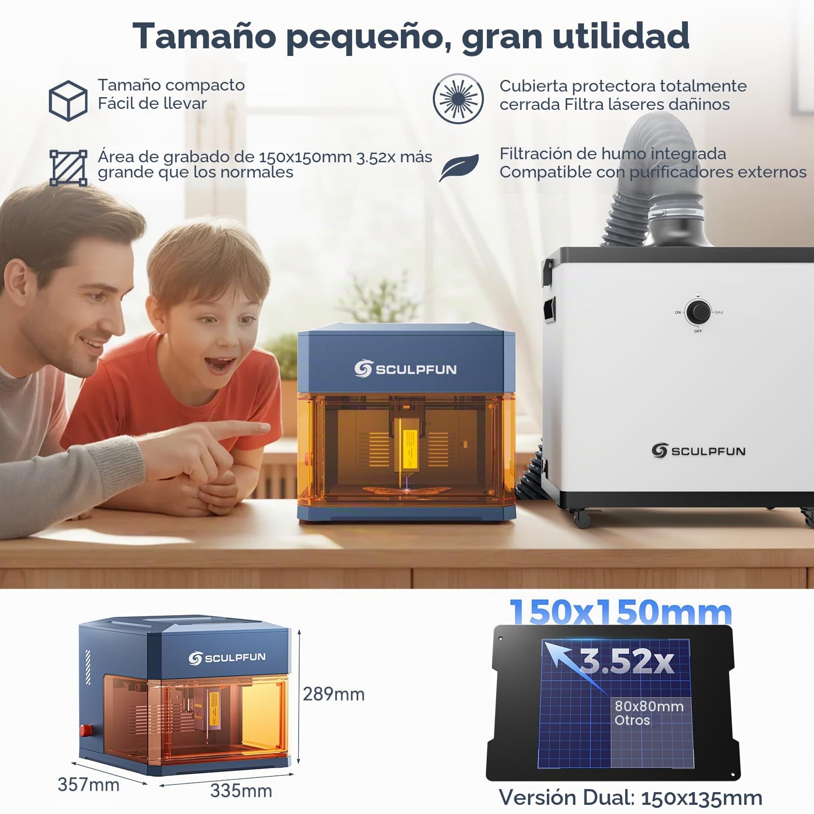 SCULPFUN iCube Ultra Dual 12W Grabador Láser, 12W Diodo & 1,2W Infrarrojo, con Autoenfoque y Filtro de Humo, Cortadora de Escritorio Cerrada para Madera, Cuero, Metales, Acrílico, 150x135mm