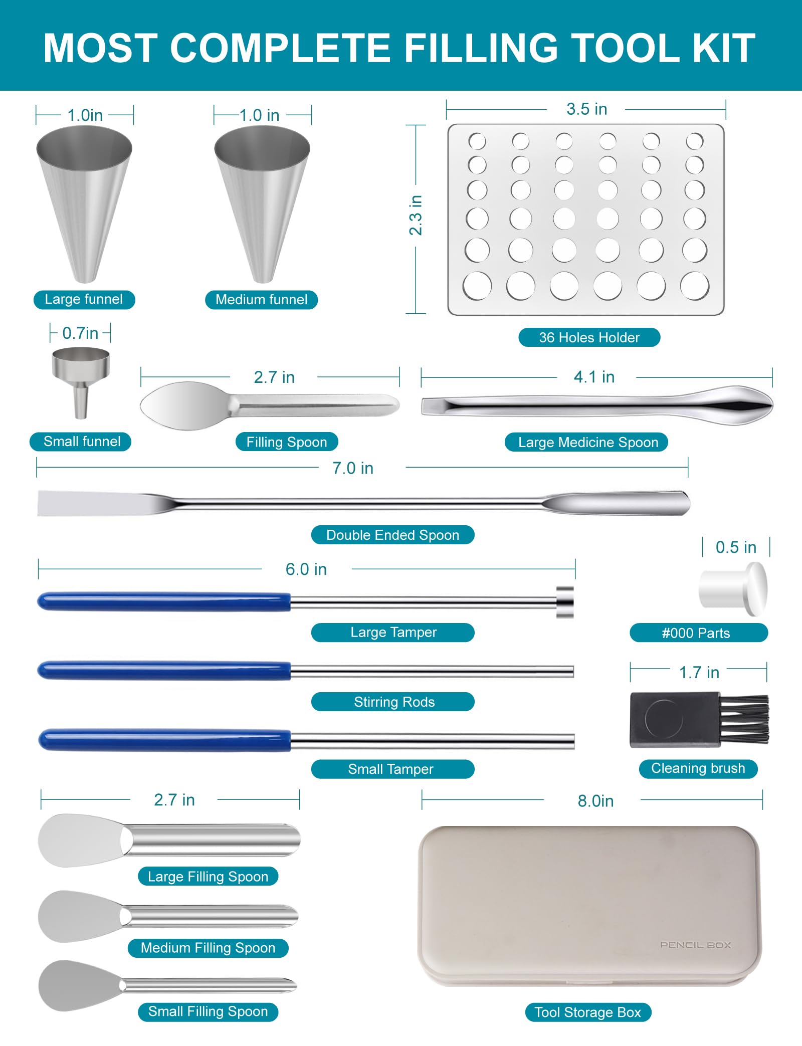 Kit de bandeja de llenado de cápsulas, herramientas de cápsulas para fabricador, cápsulas de gel vacías de todos los tamaños, 000 00 0 1 2 3 4 5, cucharas de laboratorio, espátulas, herramienta