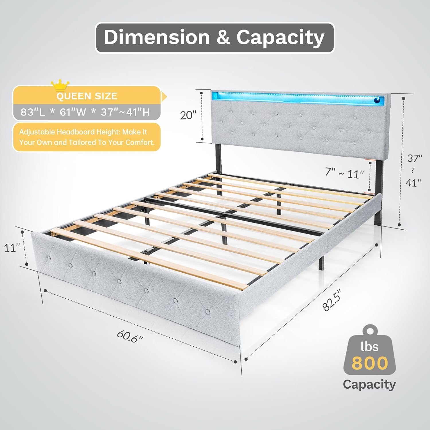 Dimension and capacity diagram for Queen size bed frame
