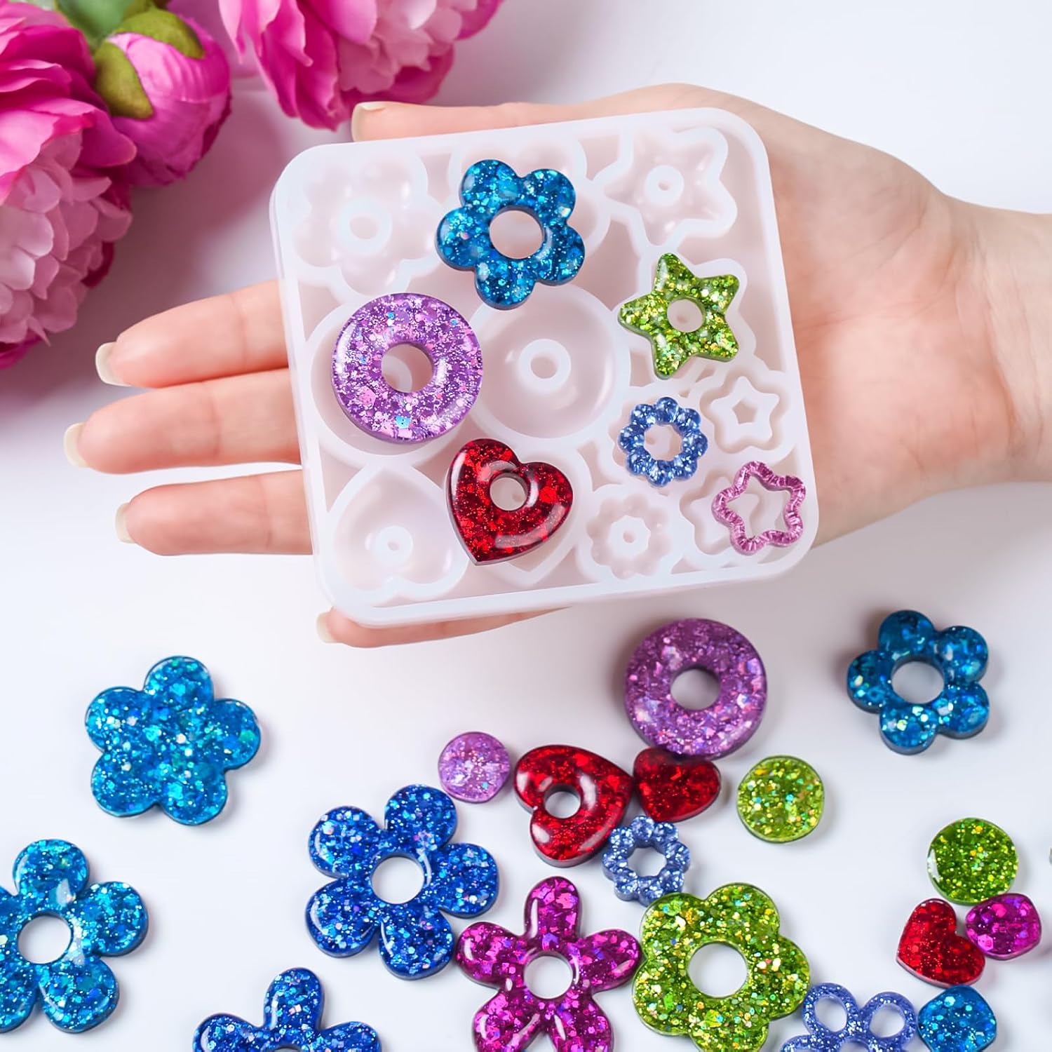 YODOYO Flower Resin Earring Molds with Multiple Pattern Design, 3pcs Star Heart Pendant Silicone Mold, Flower Jewelry Resin Casting Mold for UV Epoxy Crafts DIY Earrings Necklace Keychain