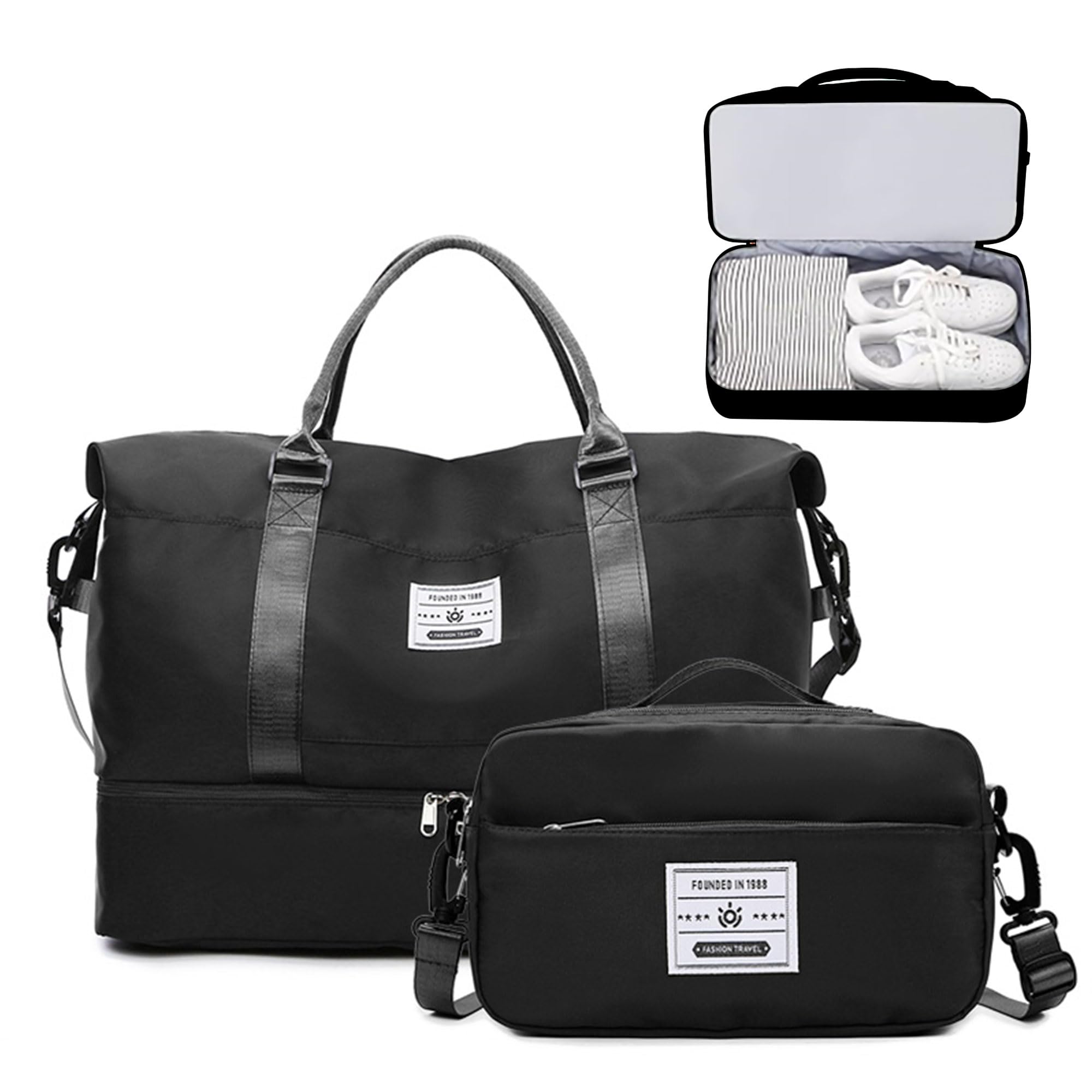 Sac de Voyage Sac de Bagage à Main Sacs de Sport Grand Format Sac de Sport Imperméable Sac à Dos Weekend avec Compartiment à Chaussures et Sacoche pour Femme Homme (Noir)