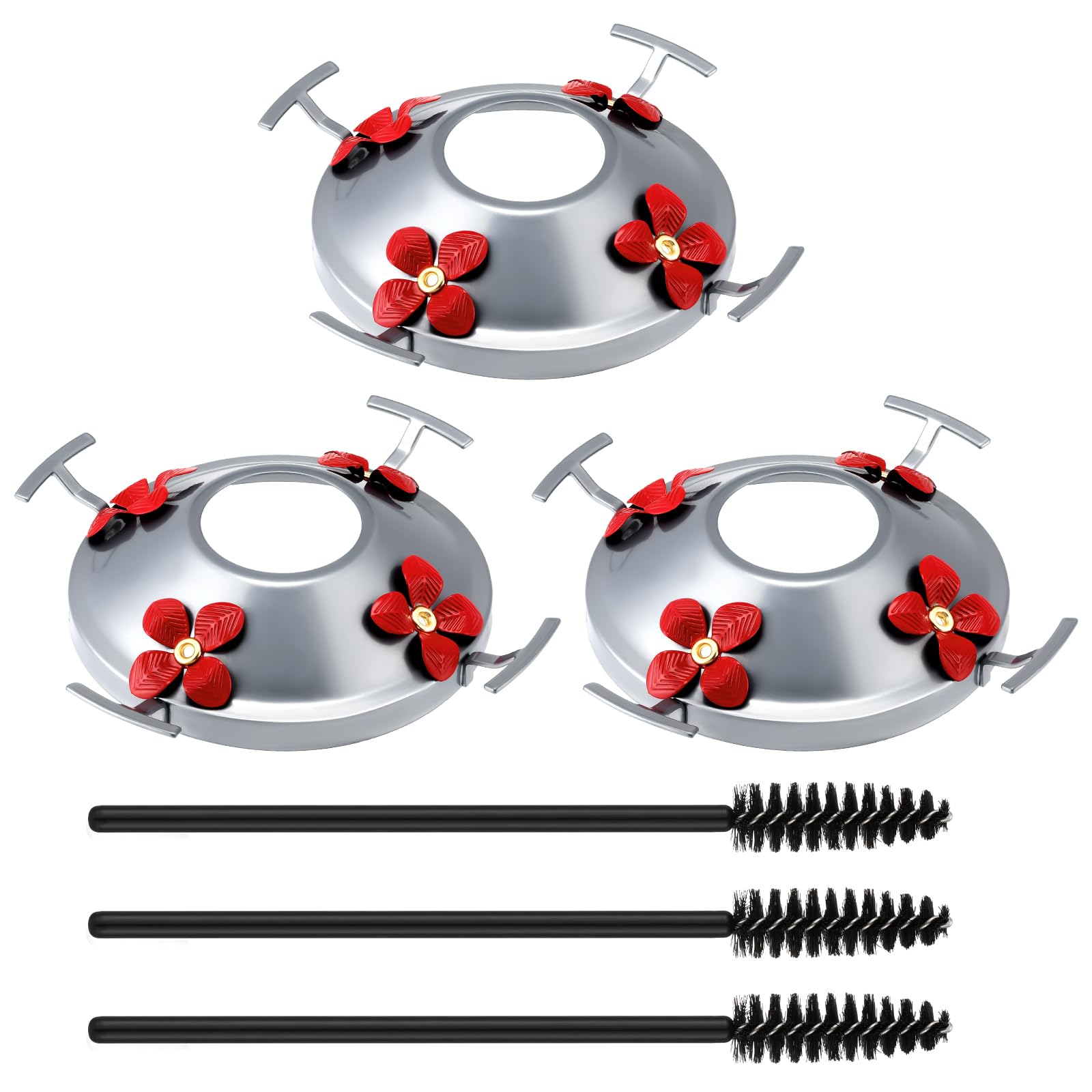 Photo 1 of Geelin 3 Pack Hummingbird Feeder Bottom Base Replacement Parts Set Metal Top Hummingbird Feeder Accessories for Bird Feeders Base Metal Top Cover 4 Perches 4 Flower Ports and Brush Only(Silver)