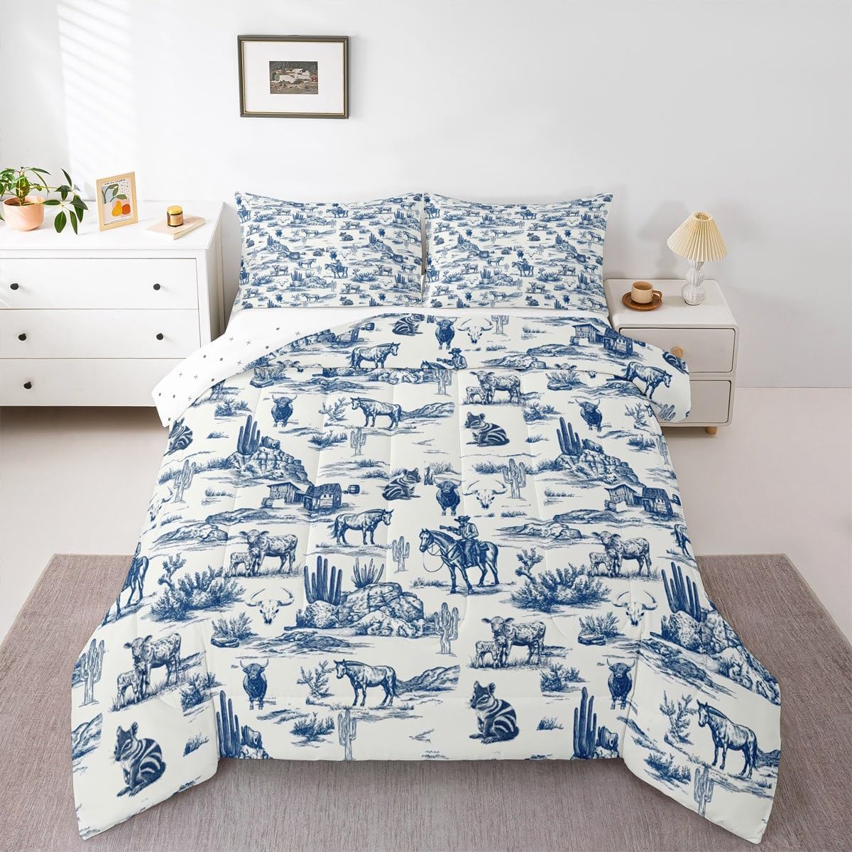 Feelyou Western Bedding Set Soft for Boys Girls, Cowboy Cow Horse Comforter Set Twin Size Southwestern Rustic Farmhouse Duvet Quilt Microfiber Watercolor Blue Bedroom Decor 2 Pcs with 1 Pillow Case