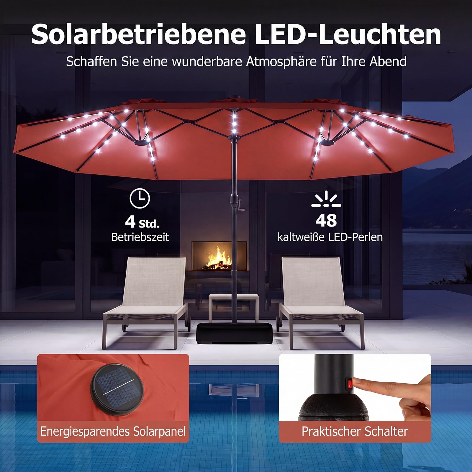 RELAX4LIFE Doppelsonnenschirm mit Ständer & LED-Solar-Beleuchtung, 450 x 260 cm, extra großer Sonnenschirm, UPF 50+, Gartenschirm mit Kurbel, Marktschirm Sonnenschutz für Garten & Terrasse (Orange)