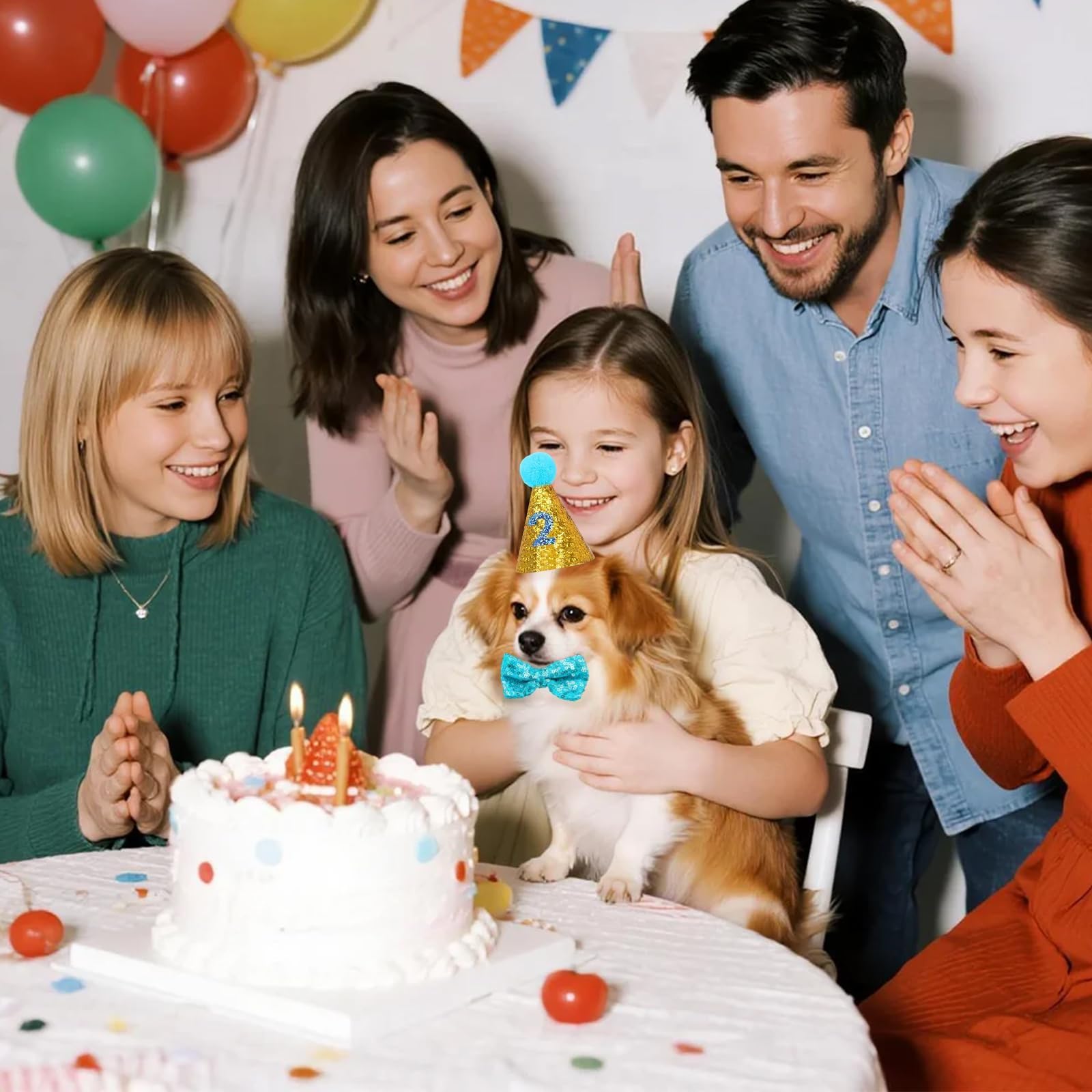 Cappello per Cani Compleanno Regolabile con Collare Papillon e Numero Blu, 3 Pezzi