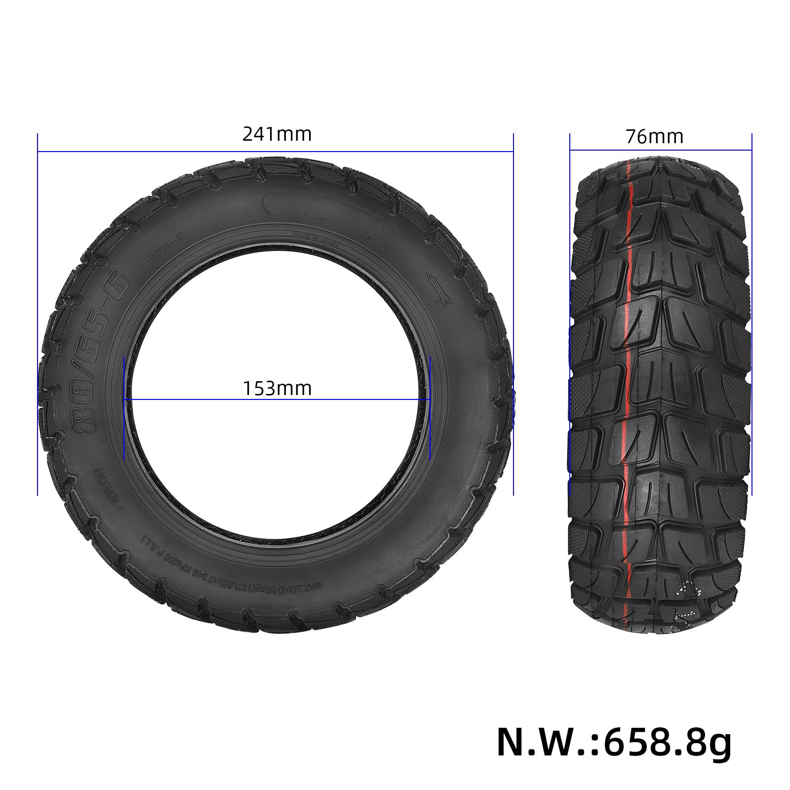 Pneu tout-terrain 80/65-6 pour Kukirin G2 Max, Kukirin G3 Pro, Kugoo M4/M4 Pro, Zero10X, Dualtron Trottinette électrique 10 x 3 255 x 80 Roues avant et arrière épaissies (1 pièce)