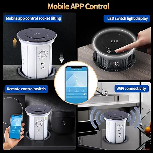 Miniatura 4 de German Technology - Toma de corriente motorizada para encimera, cargador inalámbrico de 15 W, toma de corriente eléctrica de encimera con 3 salidas