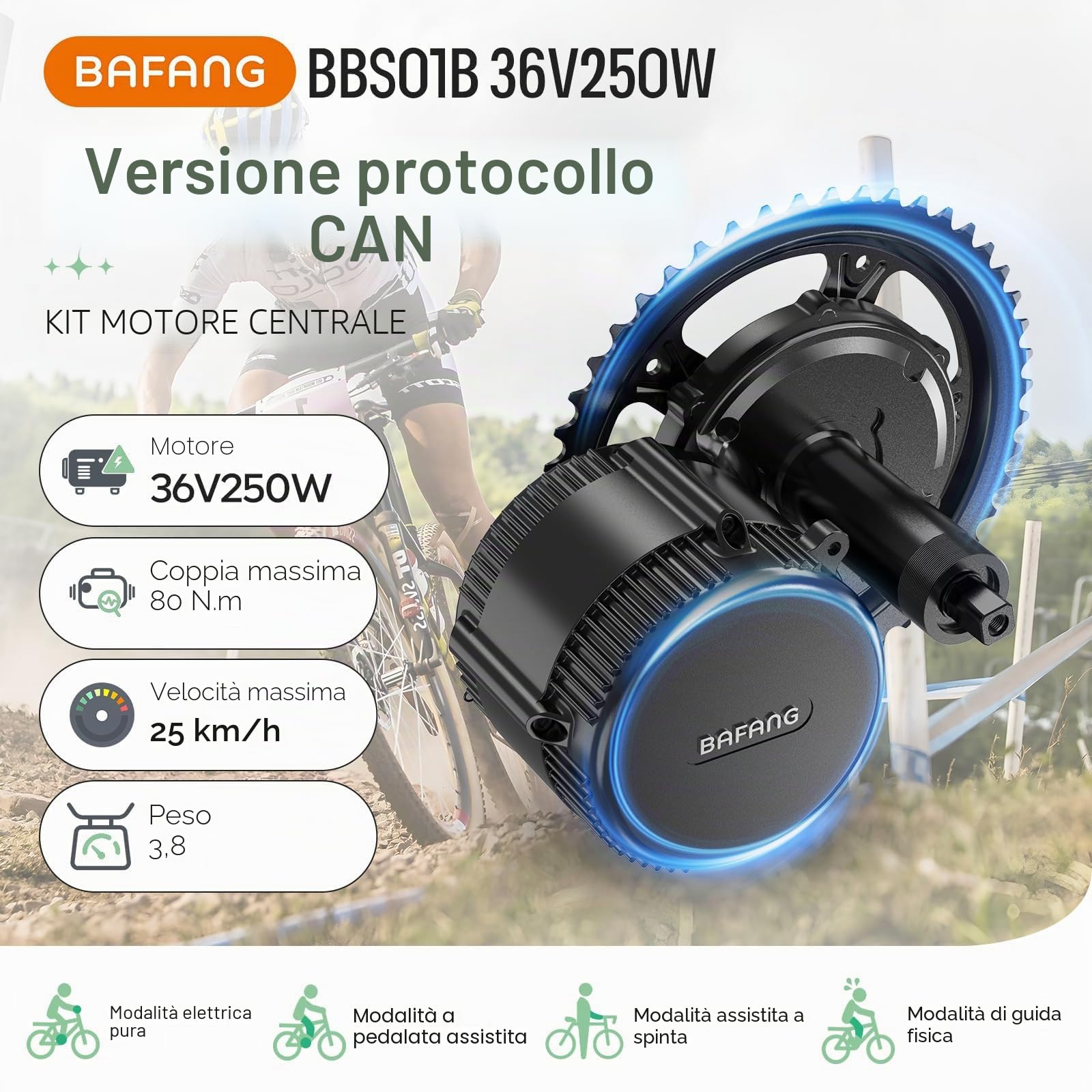 BAFANG BBS01B 250W Motore Centrale (CAN) Kit Bici Elettrica con Batteria | con Batteria 36V 24Ah e Display DPC080 per MTB/Città BB68-73mm