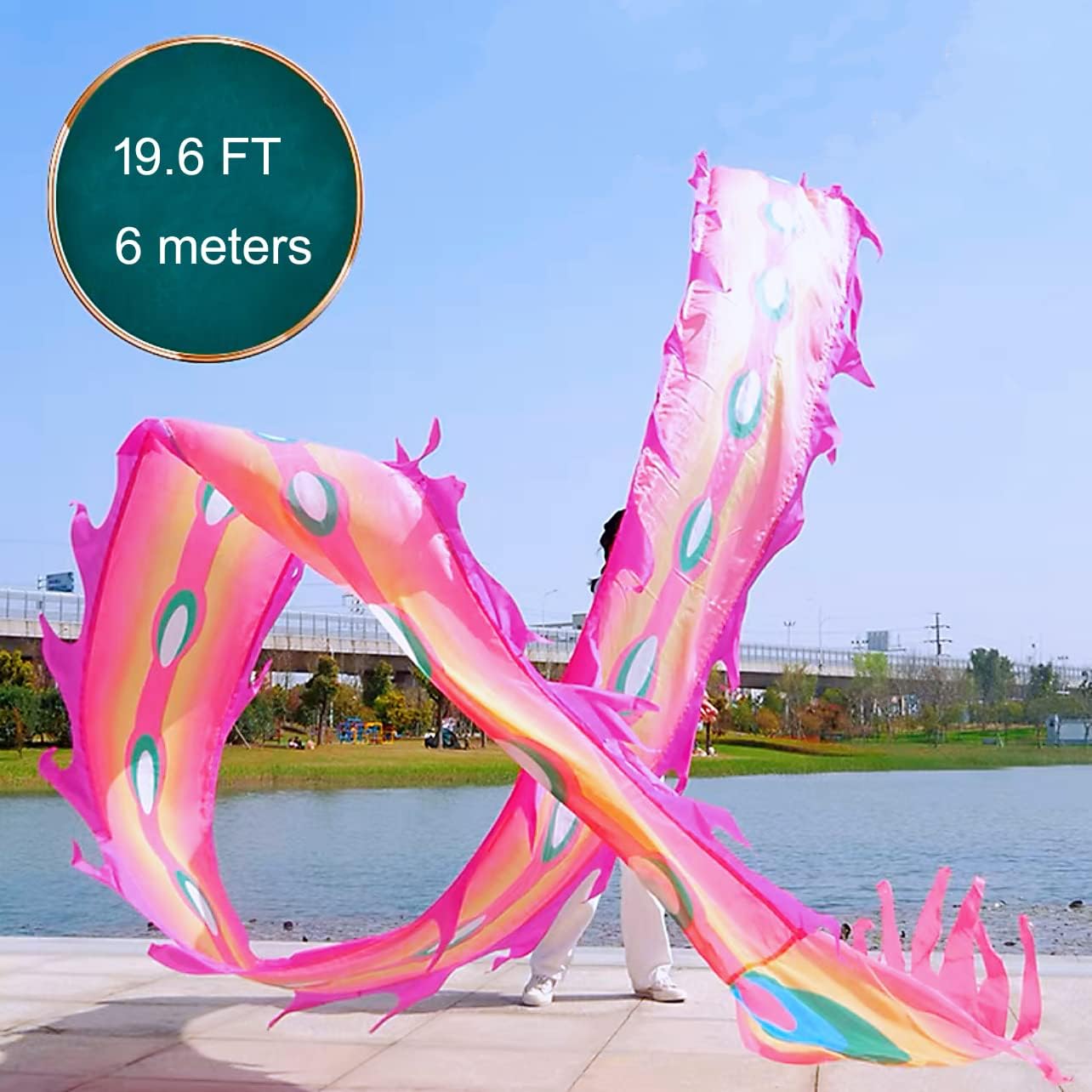 Square Exercise Dance Outdoor Flinging Fitness Dragon POI Wu Long 3D Real-Like Dragon Ribbon Streamer Set (19.6ft, Pink Phoenix)